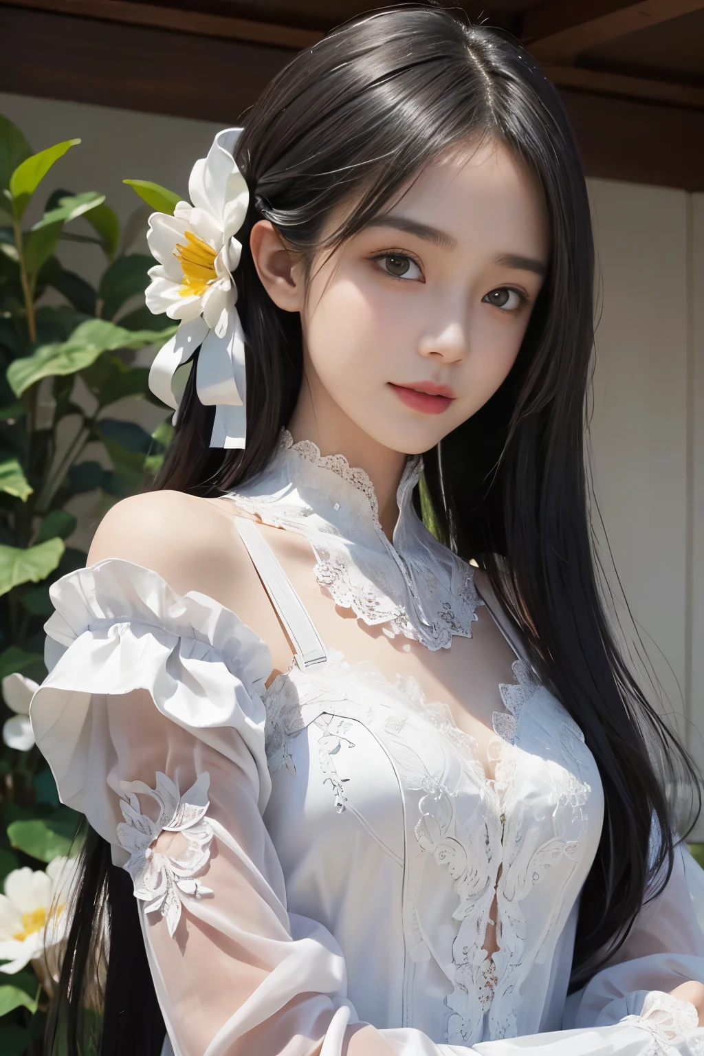 best quality、tmasterpiece、ultra high resolution、actual、1 girl、Glossy skin、((Surreal detailed))、Global photo、8K、Highly complex details、shinning eyes、Black straight hair、highkey、pureerosfaceace_v1、A smile、Elegant pose、plump breasts、White ultra-thin transparent lace、Lots of flowers in the background