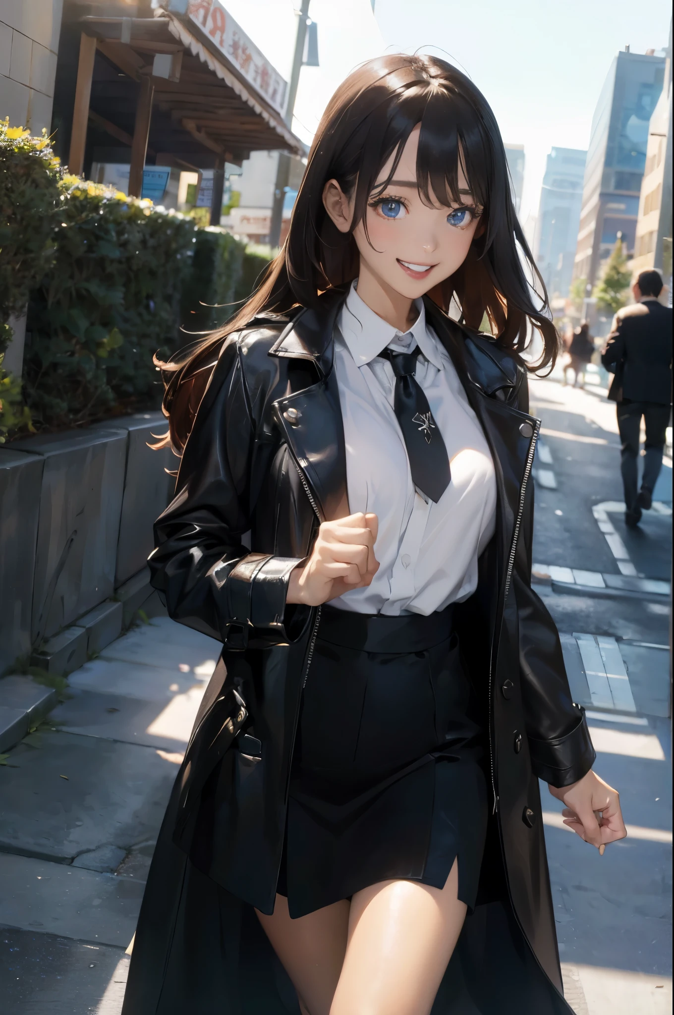 (masterpiece: 1.6, best quality), (Eyes are thin and beautiful: 1.2), (Elevated), high quality, pretty face, 1 girl, Leather sheath skirt, oversized leather jacket, big deal , long hair, wide hips, (landscaping), street, background, Detail background, Spooky Grin, angled laughter, long coat, shirt, tie, female office worker, Mature,((巨big deal乳房)),Grooves reveal original skin