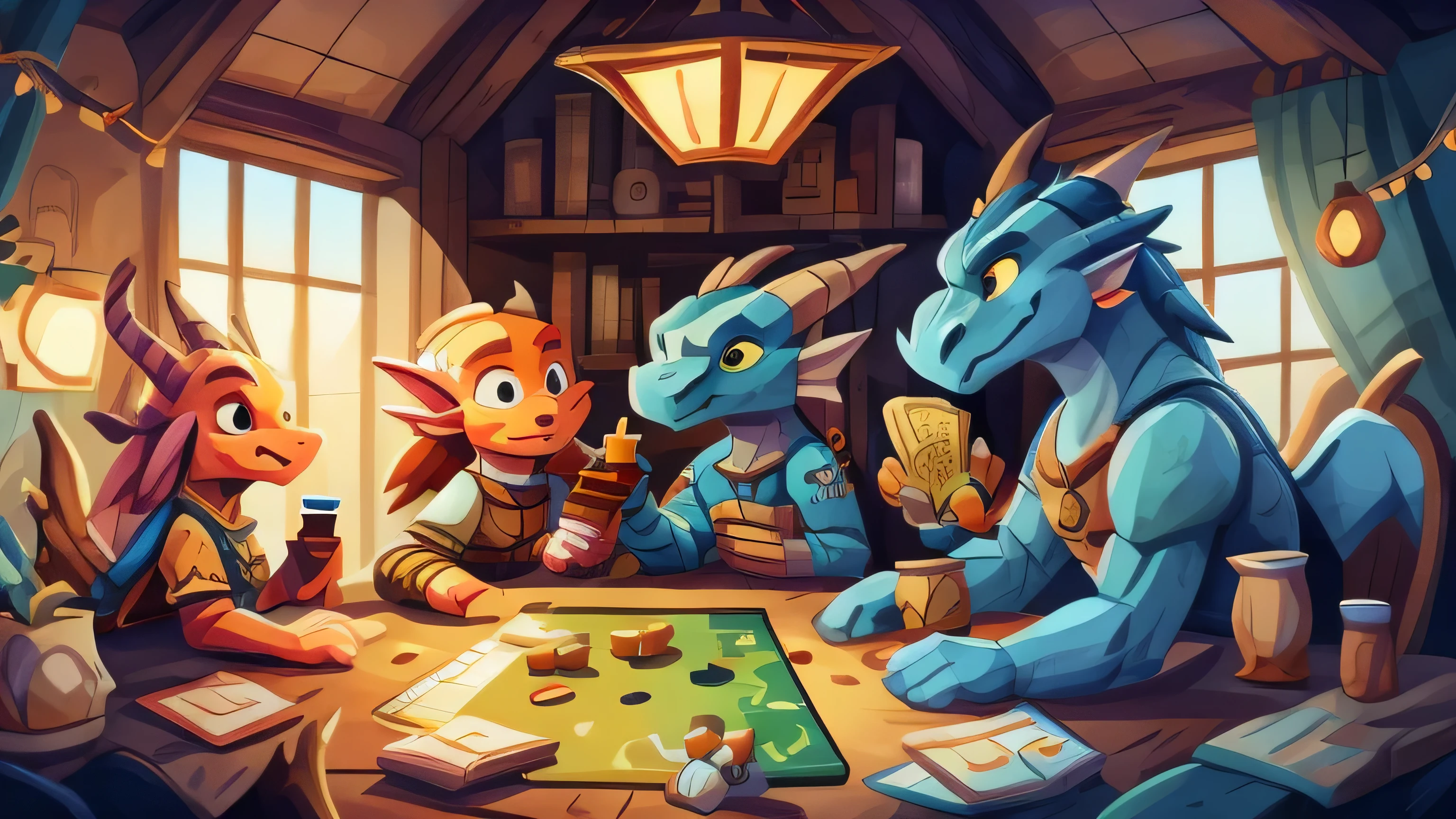 A group of friends playing board games: Dungeons and Dragons, sit at a wooden table covered with game pieces and complex cards, medieval game board. a concentrated expression. The room is dimly lit, with a soft glow coming from a lantern hanging above the table. The pieces of the game are beautifully hand painted with intricate details, featuring dragons, The atmosphere is filled with adventure. The artwork should have the best quality, with ultra-detailed artwork and bright colors. The medium used can be digital illustration or traditional painting. The general style must capture the essence of fantasy and evoke the spirit of Dungeons and Dragons board games.