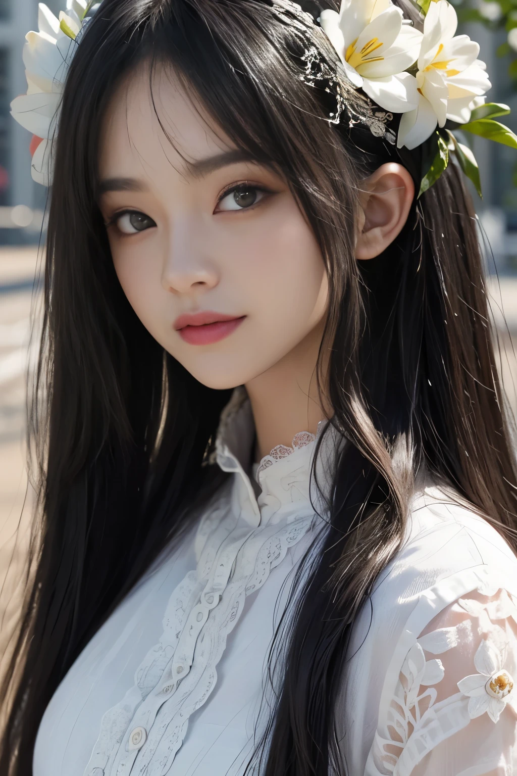 best quality、tmasterpiece、ultra high resolution、actual、1 girl、Glossy skin、((Surreal detailed))、Global photo、8K、Highly complex details、shinning eyes、Black straight hair、highkey、pureerosfaceace_v1、A smile、Elegant pose、White ultra-thin transparent lace、Lots of flowers in the background