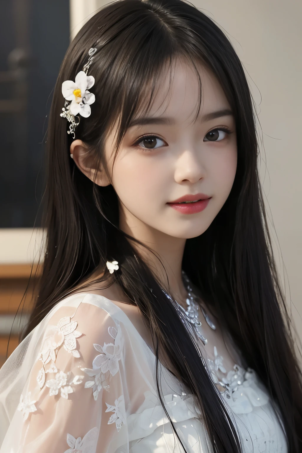 best quality、tmasterpiece、ultra high resolution、actual、1 girl、Glossy skin、((Surreal detailed))、Global photo、8K、Highly complex details、shinning eyes、Black straight hair、highkey、pureerosfaceace_v1、A smile、Elegant pose、White ultra-thin transparent lace、Lots of flowers in the background