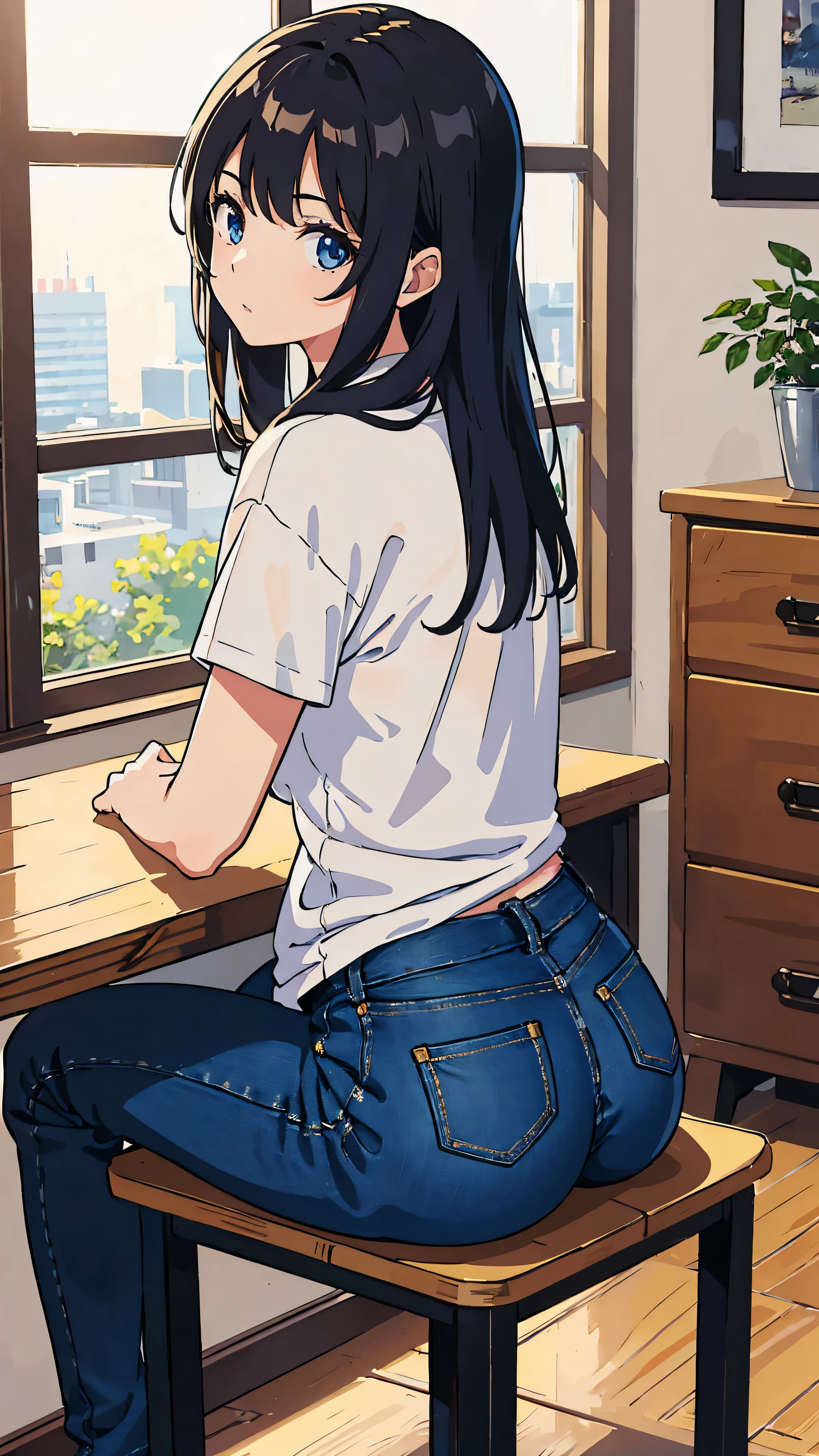 1 girl,alone,highest quality, masterpiece, 8K, very detailed,,sitting, looking at the viewer,jeans,white t-shirt,long hair,black hair,,big ass,