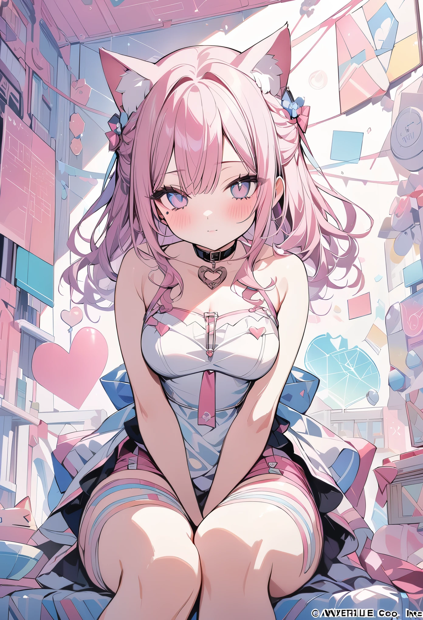 ,beautiful flower々）,mole under eye, heart shaped choker, (masterpiece, highest quality), official art, beautiful and aesthetic: 1.2), (1 girl), very detailed, (geometry art: 1.3), colorful、pink bob hair、Cat ear、 whole body