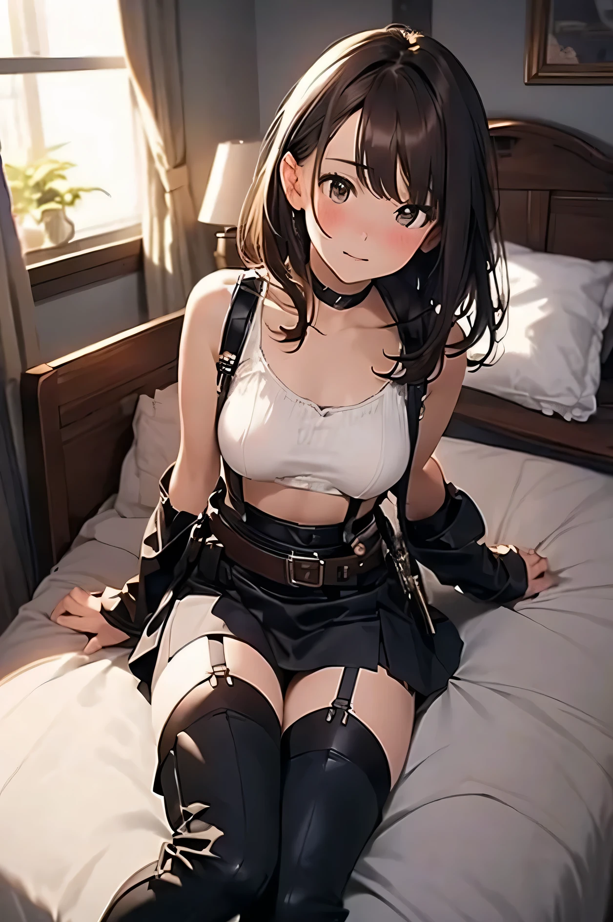 brown hair、looking at the audience Black suspenders Large bulging wall: black miniskirt garters gaze Small face Bangs leather case Belt armed beautiful woman depressing Raise your hand Lying in bed Leg leather case lying on the bed gaze Black boots miniskirt vest