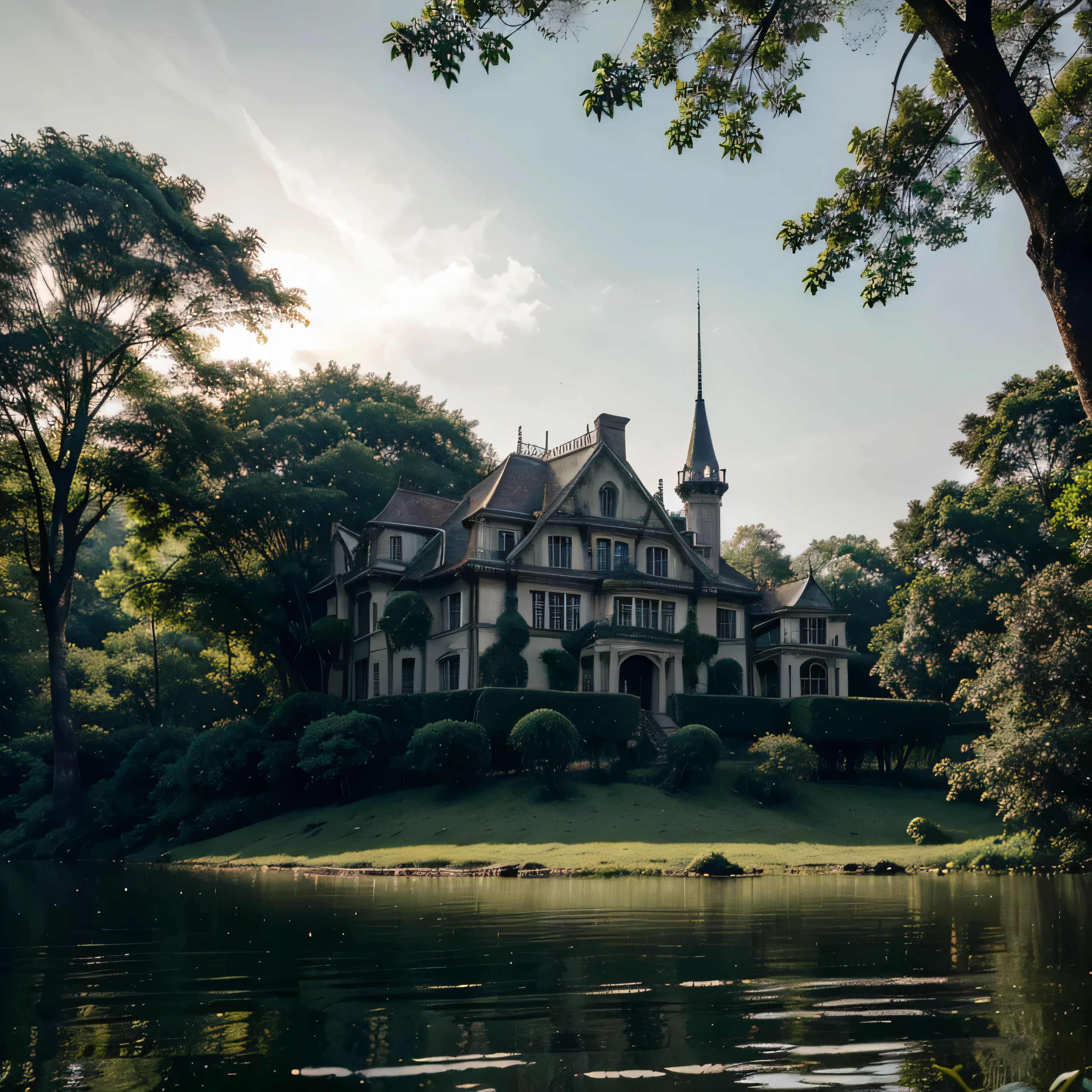 A dense forest shrouded in shadows, with an old mansion nestled amidst it, accompanied by a serene lake. In the midst of the jungle stands an ancient tree, emitting a mystical glow.