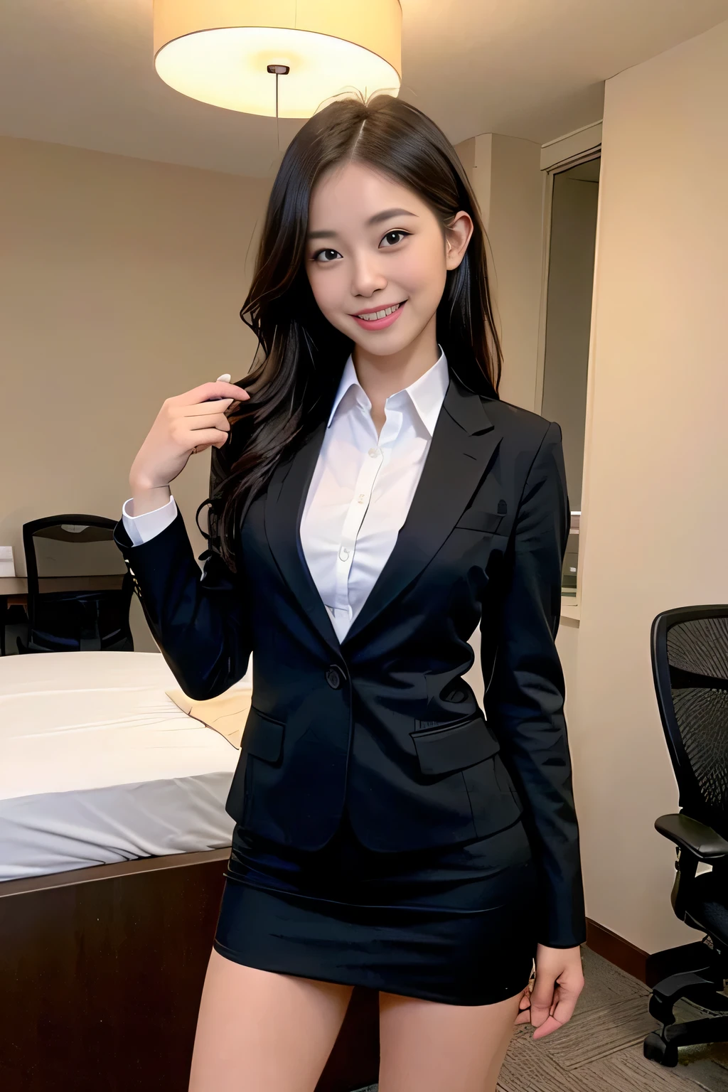((masterpiece:1.4))、((muste piece:1.4))、((long black hair woman:1.4))、((Standing in a hotel bedroom wearing a black office skirt:1.4))、 ((cowboy shot:1.4))、((Wearing a white long-sleeved collared dress shirt:1.4))、((wearing a black office blazer女性:1.4))、((small breast:1.4))、((Short black office skirt that highlights your thighs:1.4))、((wearing a black office blazer:1.4))、((wearing a neat office blazer:1.4)), ((smiling woman:1.4))、