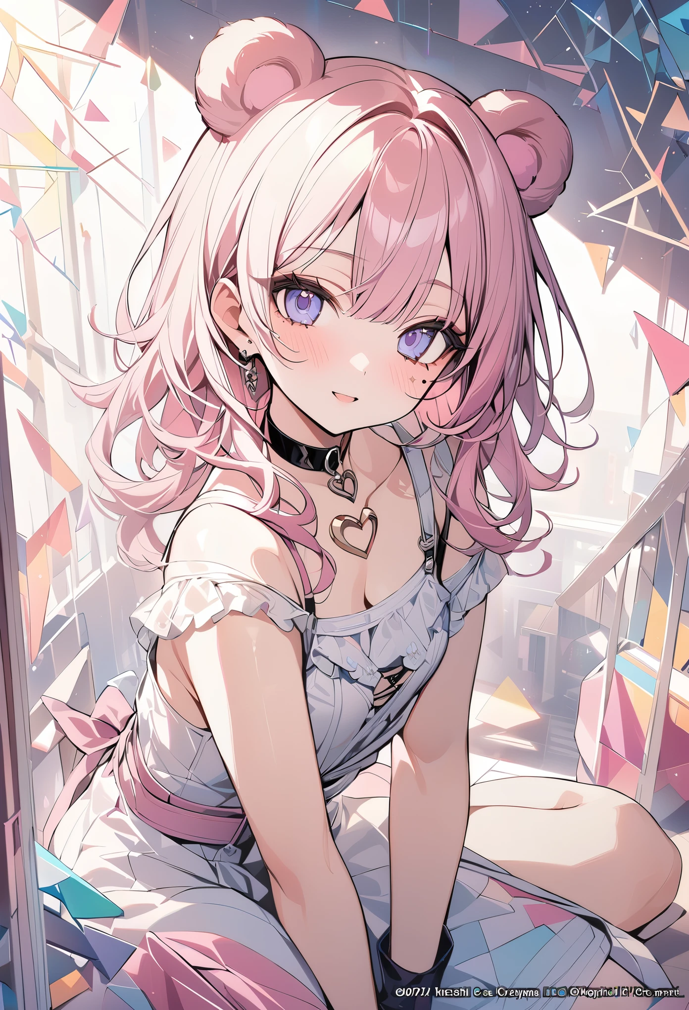 ,beautiful flower々),mole under eye, heart shaped choker, (masterpiece, highest quality), official art, beautiful and aesthetic: 1.2), (1 girl), very detailed, (geometry art: 1.3), colorful、pink bob hair、bear ears、 whole body