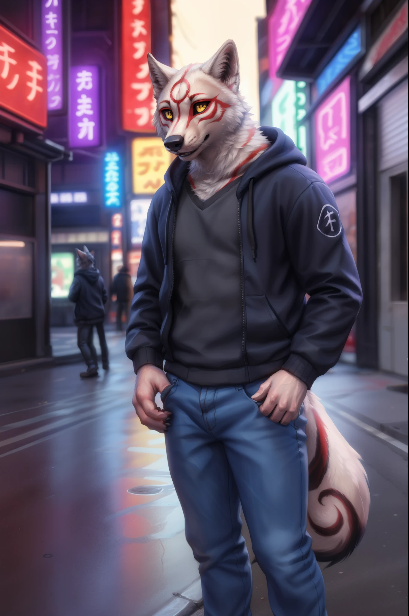 Amaterasu \(okami\), Man's, Solo, , Yellow eyes, black sclera, 4 toes, an legs, toenails, Feet, Clothed, Wearing a black hoodie, jeans, markings, White fur, Street, tokyo prefecture, neon
break,
by Lucis, by personalami, by Kenket, (Convoluted, high detailing, film photography, Soft Focus, RAW candid cinema,
Photorealism, Realistic, Photorealistic, analog style, Subsurface scattering,
masutepiece, Best Quality, A hyper-realistic, (8K))