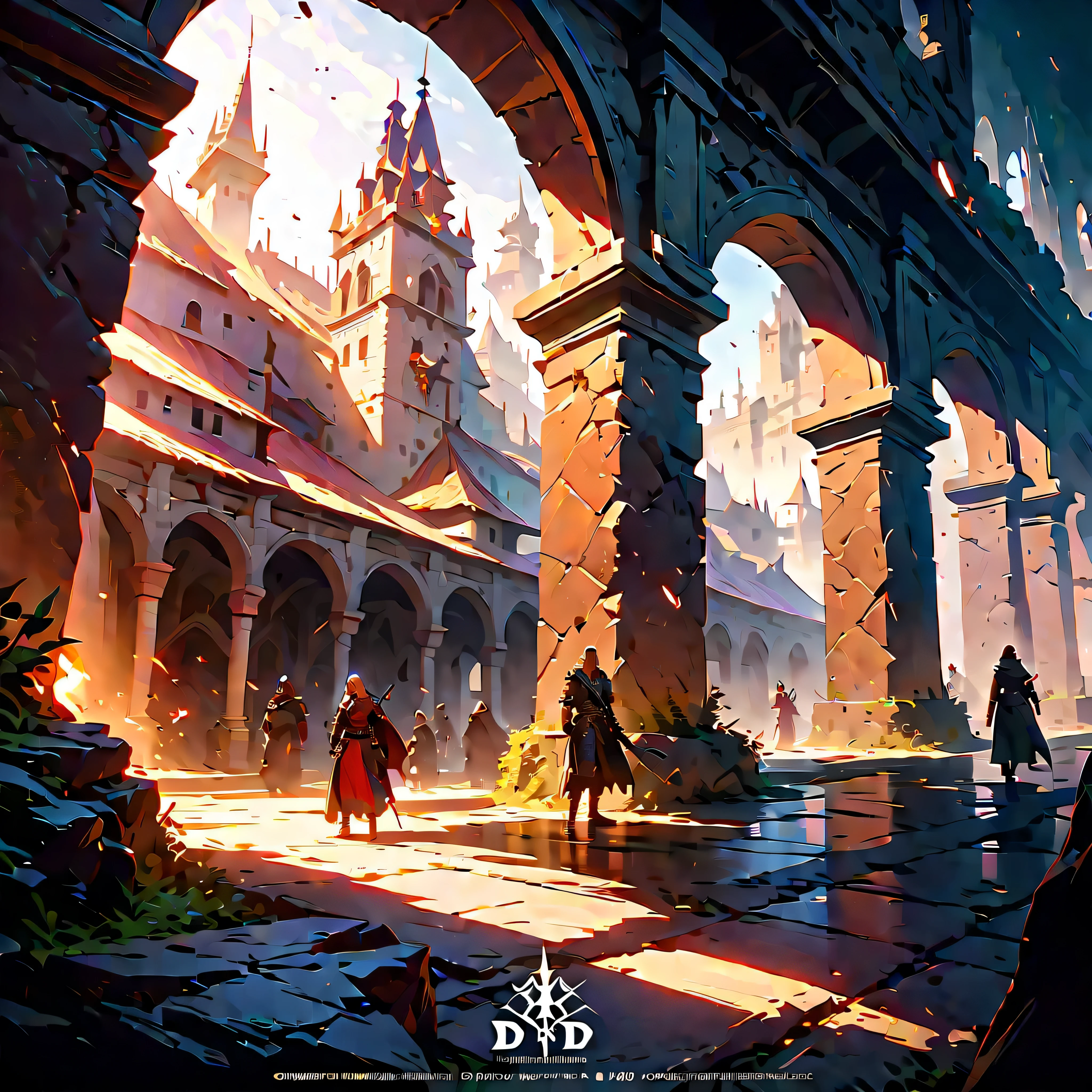 epic UnrealEngine5 "Dungeons & Dragons" a group of people, standing around the dragon in front of the castle equirectangular deep path symmetrical meticulous intricate details ultra sharp-focus, D & D roleplaying Dungeons & Dragons, dungeons and dragons fantasy art, Обои D&D арт, cover, D & D Фэнтезийное искусство, (epic top Masterpiece, ultra high-deails, ultra high-resolution, ultra high-definition, distinct_image, very elaborate CG cinematic_lighting ray_tracing drop_shadows (photorealistic: 1.4), ultra high-quality textures fine-grained, varied multi etc. --v6 --s1000 --c20 --q5 --chaos100