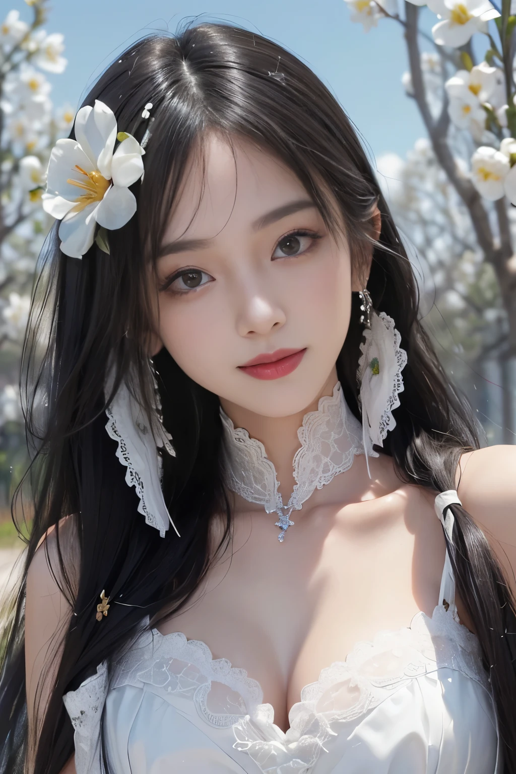 best quality、tmasterpiece、ultra high resolution、actual、1 girl、Glossy skin、((Surreal detailed))、Global photo、8K、Highly complex details、shinning eyes、Black straight hair、highkey、pureerosfaceace_v1、A smile、Elegant pose、White ultra-thin transparent lace、Lots of flowers in the background