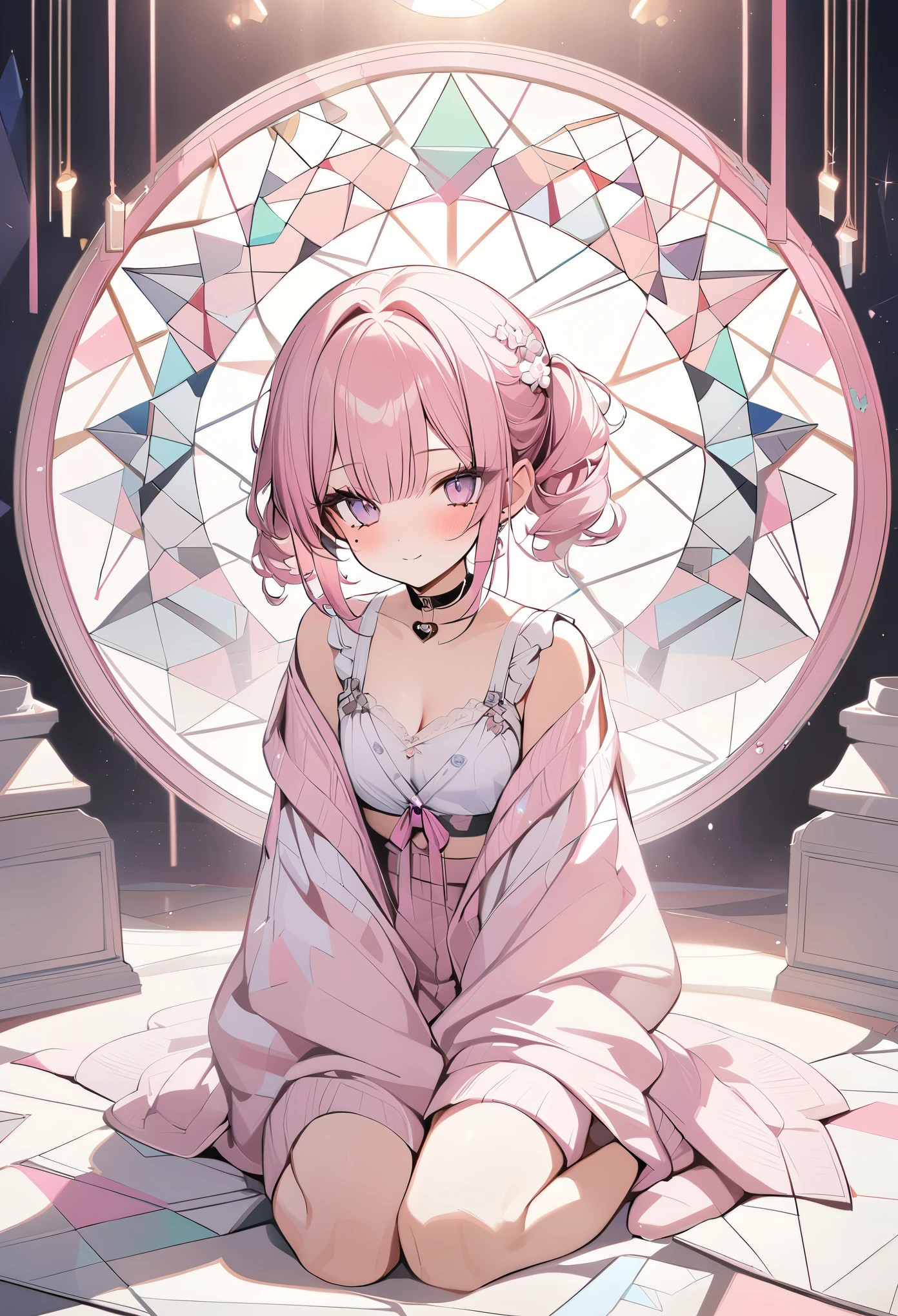 ,beautiful flower々),mole under eye, heart shaped choker, (masterpiece, highest quality), official art, beautiful and aesthetic: 1.2), (1 girl), very detailed, (geometry art: 1.3), colorful、pink bob hair、Cat ear、 whole body