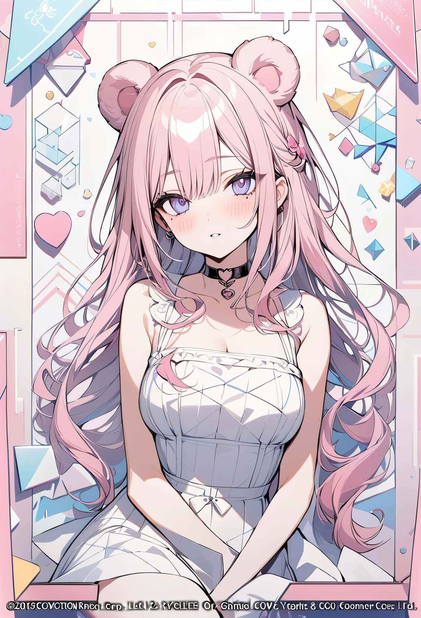 ,beautiful flower々),mole under eye, heart shaped choker, (masterpiece, highest quality), official art, beautiful and aesthetic: 1.2), (1 girl), very detailed, (geometry art: 1.3), colorful、pink bob hair、bear ears、 whole body