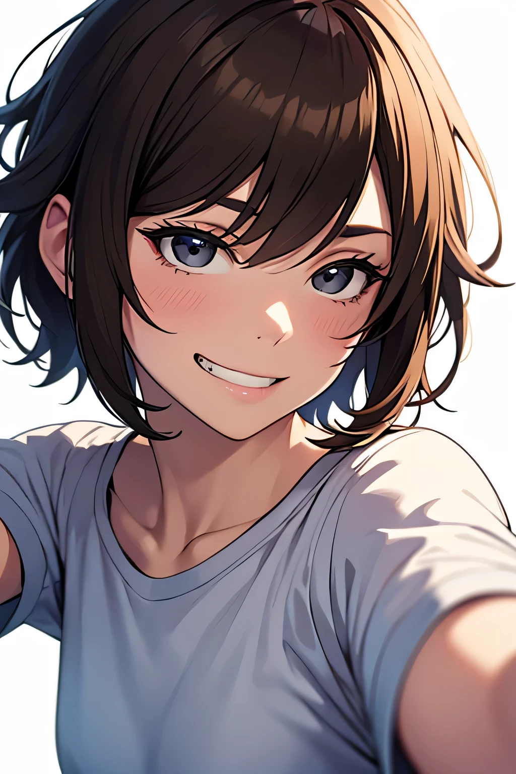 masterpiece, High resolution, High-definition CG Unity 8K,realistic,RAW photo, beautiful detailed face,detailed hair texture, beautiful face, Accurate, anatomically correct, symmetrical eyes, (black eyes),slender,(small breasts),(light brown hair), (very short hair),(messy hair:1.1),(nose blush:0.8),(sulky:1.1),(grin:1),(tight-fitting T-shirt),(white background),selfie,(leaning forward),(from side)