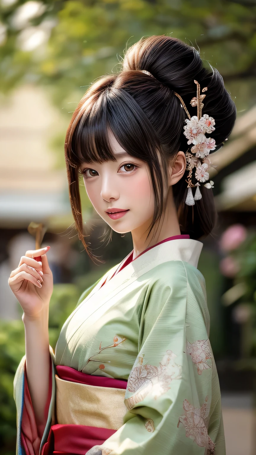 Dragon Ball bloomers, futuristic scene, Mechanically enhanced Japanese geisha、Elegant in an elaborate garden. She has beautifully detailed eyes and lips that complement her face. Geishas wear traditional kimonos with intricate patterns and designs.。.。.。.Gold and silver kimono。.。 girl.. Around her are bright cherry blossoms and a quiet carp pond. The scenes are drawn using a combination of illustration and photorealism, cherry blossoms吹雪,Highly detailed brush strokes and sharpness, bright colors. Lighting that highlights the graceful figure of a geisha, gives softness to the skin, porcelain shine。. Artwork is of the highest quality, Displaying the exquisite details of geisha costumes, cherry blossoms, With sparkling carp scales. The overall color scheme is、、、、、、traditional Japanese color combinations, crimson, wait., With subtle gold accents, with a futuristic twist. Fusion of ancient tradition and modern technology、、Create mesmerizing and visually impressive masterpieces.The background is a traditional Japanese design in bright red and white.、random pose、laughter、Kimono with delicate pattern、stop pose、make a heart with your hands、finger to mouth