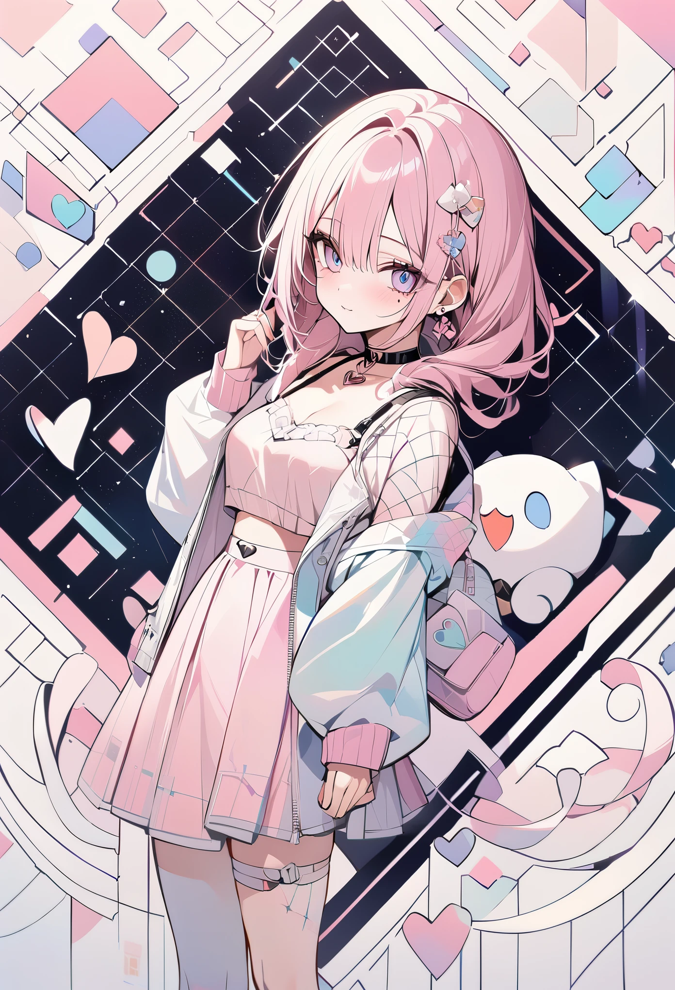 ,beautiful flower々),mole under eye, heart shaped choker, (masterpiece, highest quality), official art, beautiful and aesthetic: 1.2), (1 girl), very detailed, (geometry art: 1.3), colorful、pink bob hair、Cat ear、 whole body