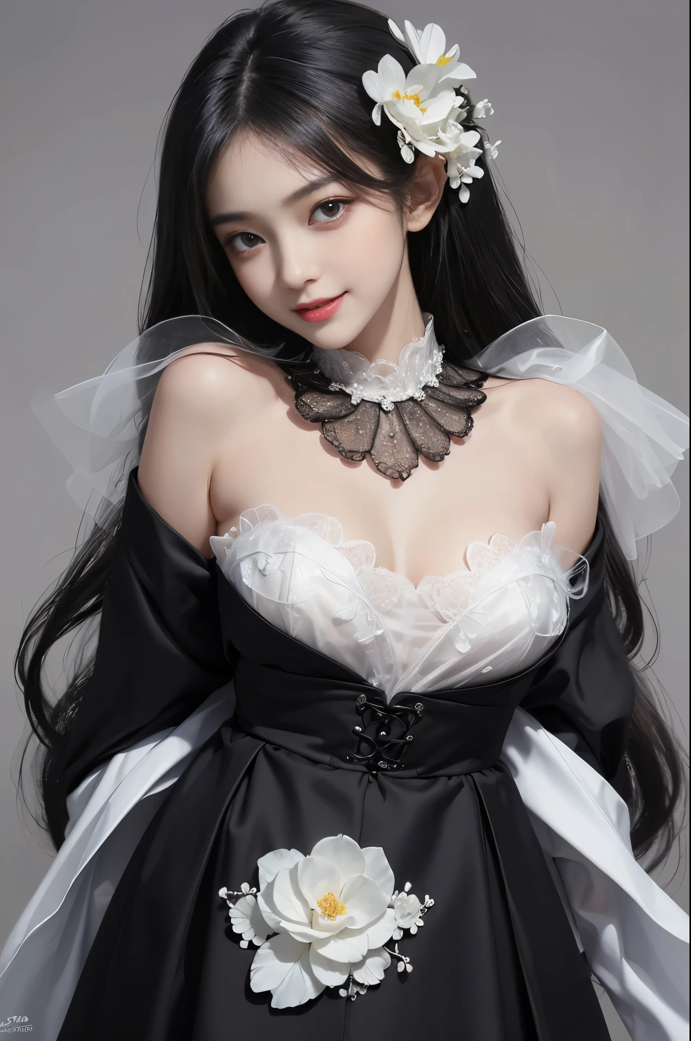 best quality、tmasterpiece、ultra high resolution、actual、1 girl、Glossy skin、((Surreal detailed))、Global photo、8K、Highly complex details、shinning eyes、Black straight hair、highkey、pureerosfaceace_v1、A smile、Elegant pose、White ultra-thin transparent lace、Lots of flowers in the background