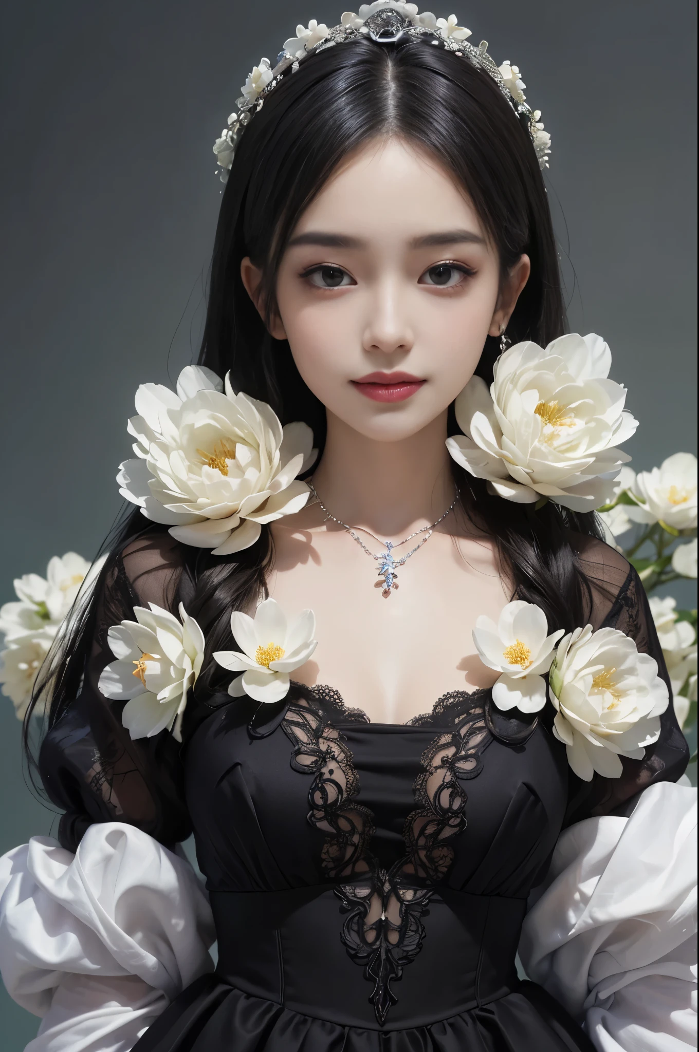 best quality、tmasterpiece、ultra high resolution、actual、1 girl、Glossy skin、((Surreal detailed))、Global photo、8K、Highly complex details、shinning eyes、Black straight hair、highkey、pureerosfaceace_v1、A smile、Elegant pose、White ultra-thin transparent lace、Lots of flowers in the background