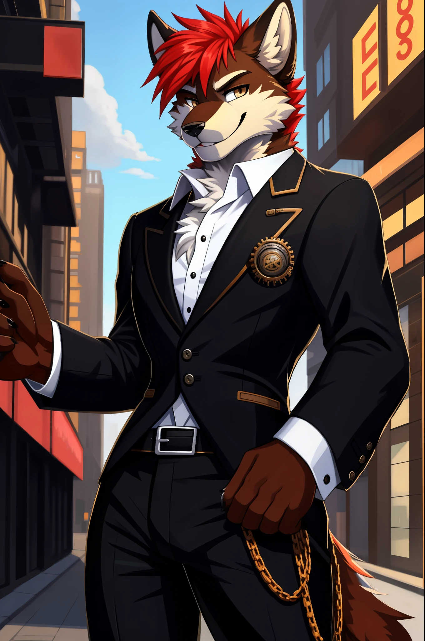 (furry art, uploaded on e621:1.4), 1boy, (solo_focus), (female) (furry:1.5) anthro, (upper body:1.3), on street, solo focus, detailed face, detailed eyes, detailed fluffy fur, fluffy tail, short hair, digitigrade, seductive pose, suit, fancy pants, digital painting, natural lighting, photorealistic (business suit:1.1), (smug face), smiling (cocky), steampunk