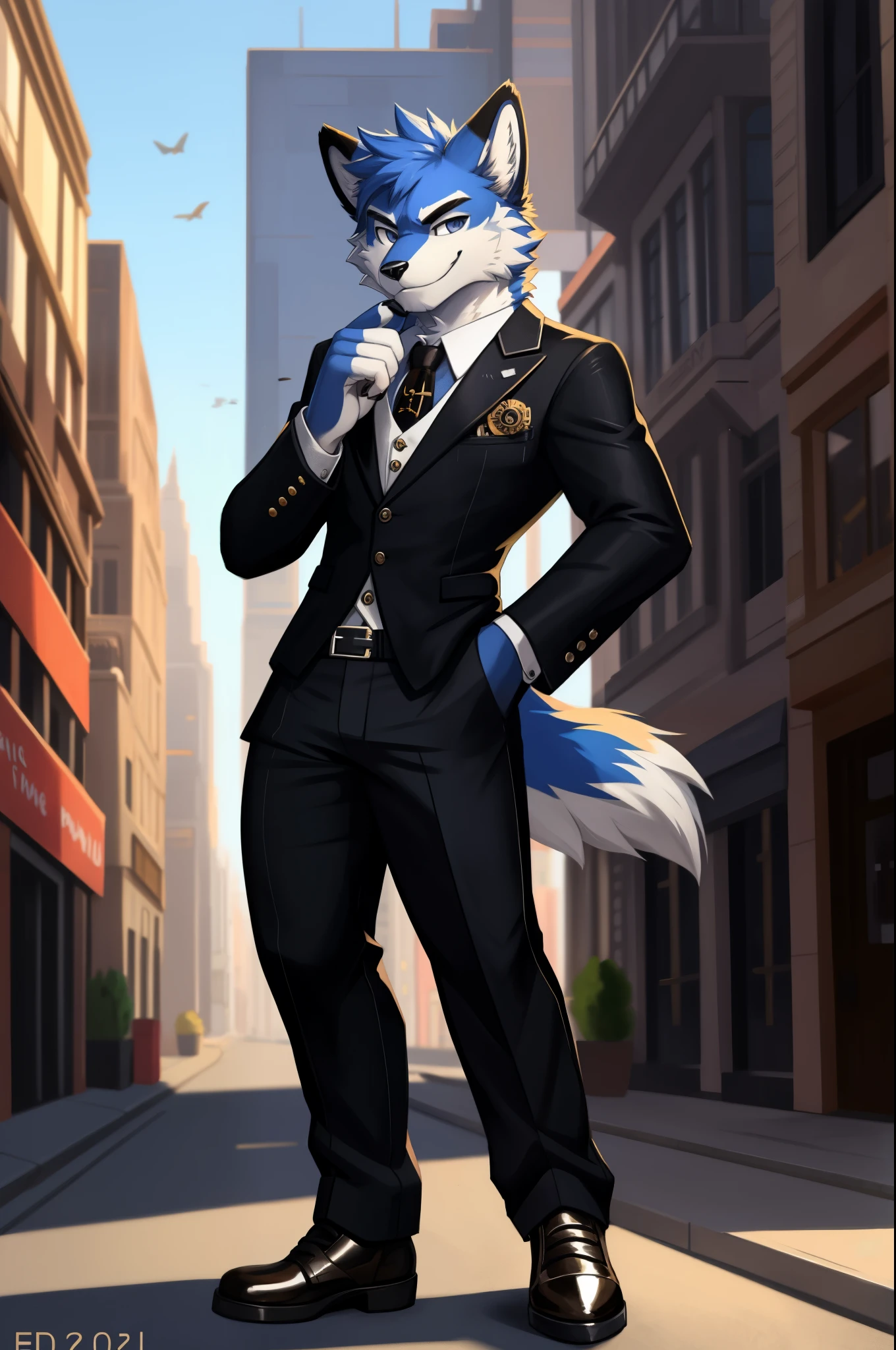 (furry art, uploaded on e621:1.4), 1boy, (solo_focus), (female) (furry:1.5) anthro, (upper body:1.3), on street, solo focus, detailed face, detailed eyes, detailed fluffy fur, fluffy tail, short hair, digitigrade, seductive pose, suit, fancy pants, digital painting, natural lighting, photorealistic (business suit:1.1), (smug face), smiling (cocky), steampunk