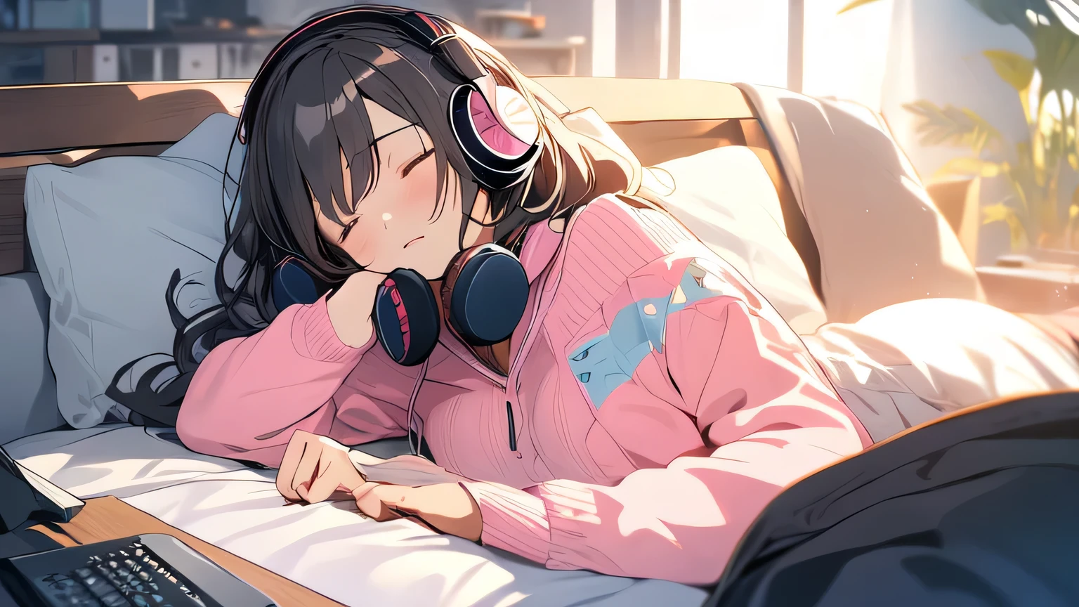 1 girl, listen to music, close your eyes, indoors, sofa, headphones、detailed description