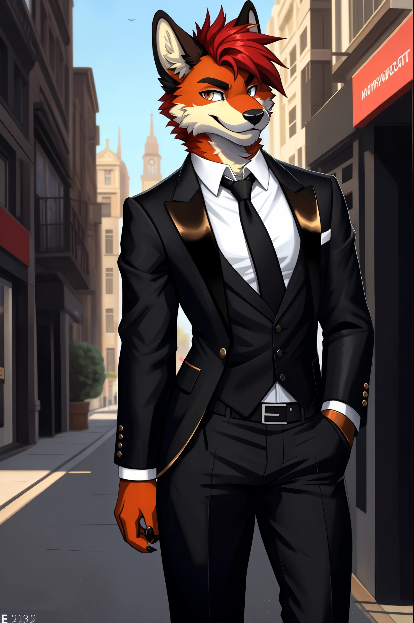(furry art, uploaded on e621:1.4), 1boy, (solo_focus), (female) (furry:1.5) anthro, (upper body:1.3), on street, solo focus, detailed face, detailed eyes, detailed fluffy fur, fluffy tail, short hair, digitigrade, seductive pose, suit, fancy pants, digital painting, natural lighting, photorealistic (business suit:1.1), (smug face), smiling (cocky), steampunk