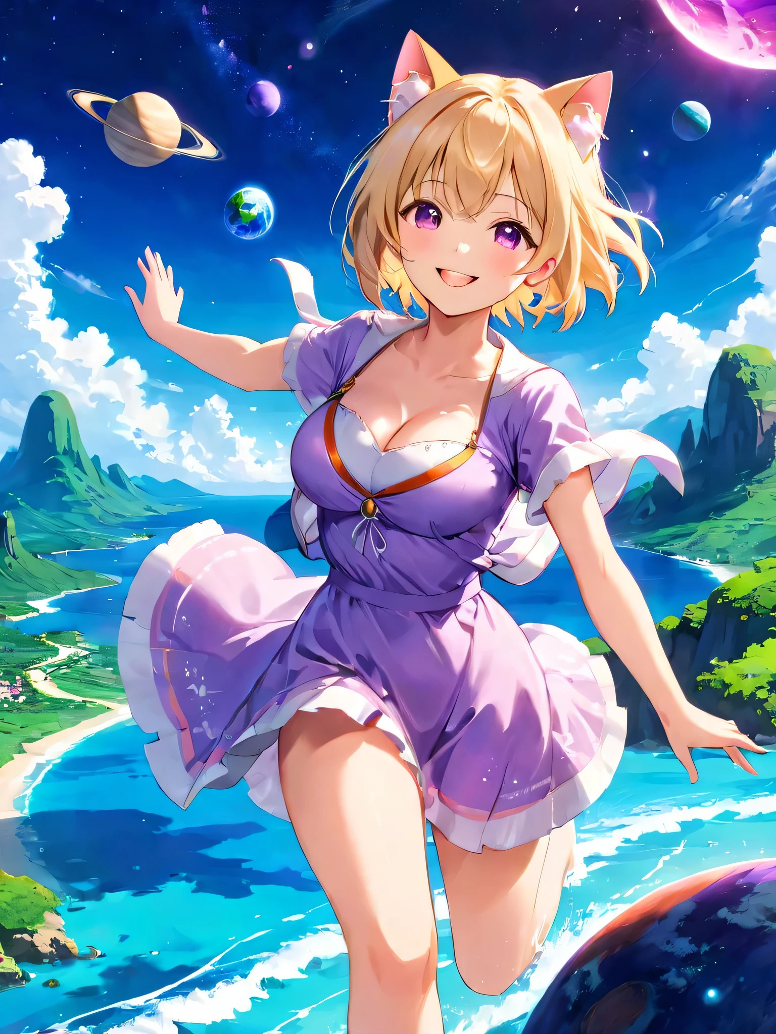 1 girl, running, Vibrant light purple print ビキニ, outdoor, Summer in another world, multiple planets in the sky, girl living in another world, , smile, , cleavage、(Cat ear)、Bob cut blonde hair、8K,Vivid landscapes、Raise your hands and stretch your back