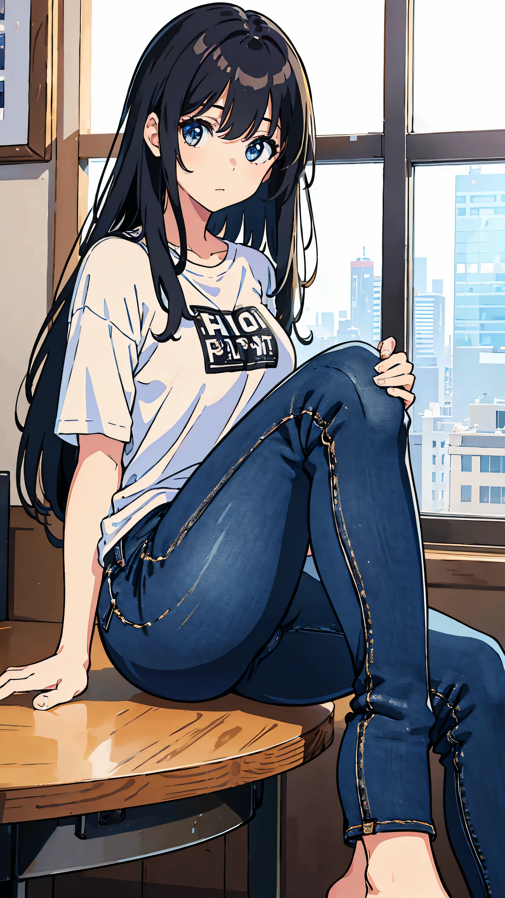 1 girl,alone,highest quality, masterpiece, 8K, very detailed,,sitting, looking at the viewer,jeans,white t-shirt,long hair,black hair,,big ass,