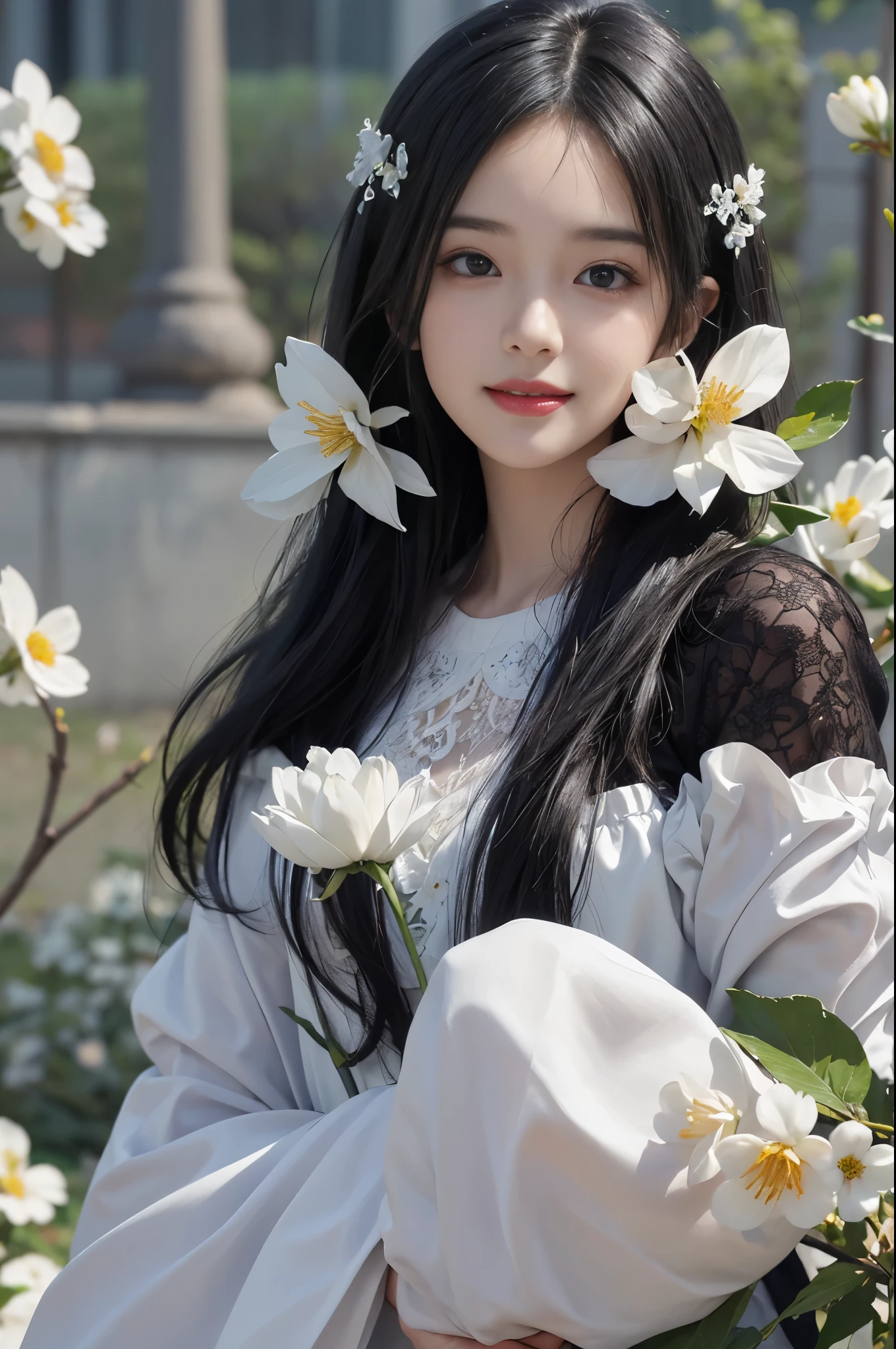best quality、tmasterpiece、ultra high resolution、actual、1 girl、Glossy skin、((Surreal detailed))、Global photo、8K、Highly complex details、shinning eyes、Black straight hair、highkey、pureerosfaceace_v1、A smile、Elegant pose、White ultra-thin transparent lace、Lots of flowers in the background