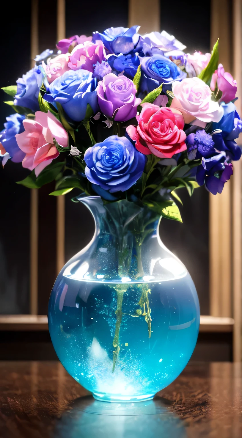 (((masterpiece))), ((best quality)), detailed, professional lighting, (((Super detailed))),Ridiculous,(((incredibly Ridiculous)))glowing delicate flowers, magical flowers, glowing flowers, glowing flowers, Magical colorful flowers, Surreal Flowers of Wyse, Details and vibrant colors, Close-up fantasy of water magic, roses in vase