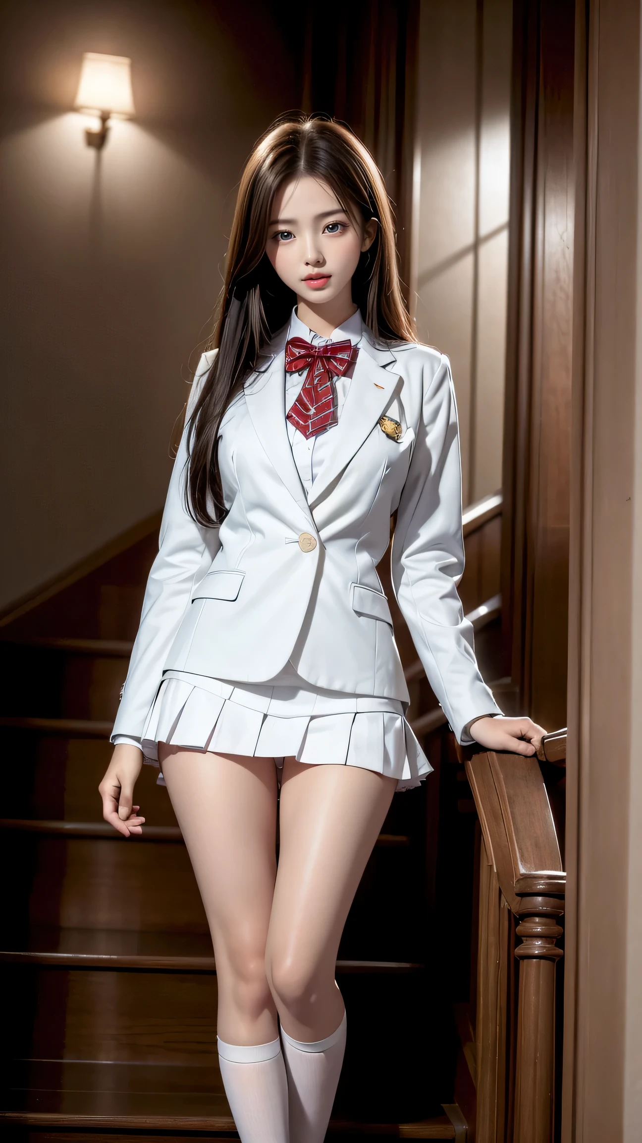 ((A girl standing on the stairs of the school)),top quality work，Real work，Ultra premium graphics，8K HD CG作品，high quality graphics，High-definition CG works，10x pixels，super fine details：1.1，Advanced technical details：1.1Photo-realistic，Natural light：1.5. light effect（virtual light effect：1.8），超A high resolution，shiny red dress，長いsilver hair，silver hair，transparent hair，high detail hair（premium hair detail：1.1）clear eyes，beautiful double eyelids，sharp eye makeup, delicate eyelash makeup, thin eyebrows, highly detailed eyes，high nose, nice red lips, rose cheeks, A face with delicate makeup , cute face, perfectly proportioned face,（Advanced facial details：1.1），shiny，wonderful dress，bright red series，(white blazer) 、(white blouse)、(red bow tie)、(checked skirt)、、girls school uniform、photo shoot，woman&#39;artwork of，full body figure，realism，wonderful，My eyes are shining today、(smile),(white panties are visible)