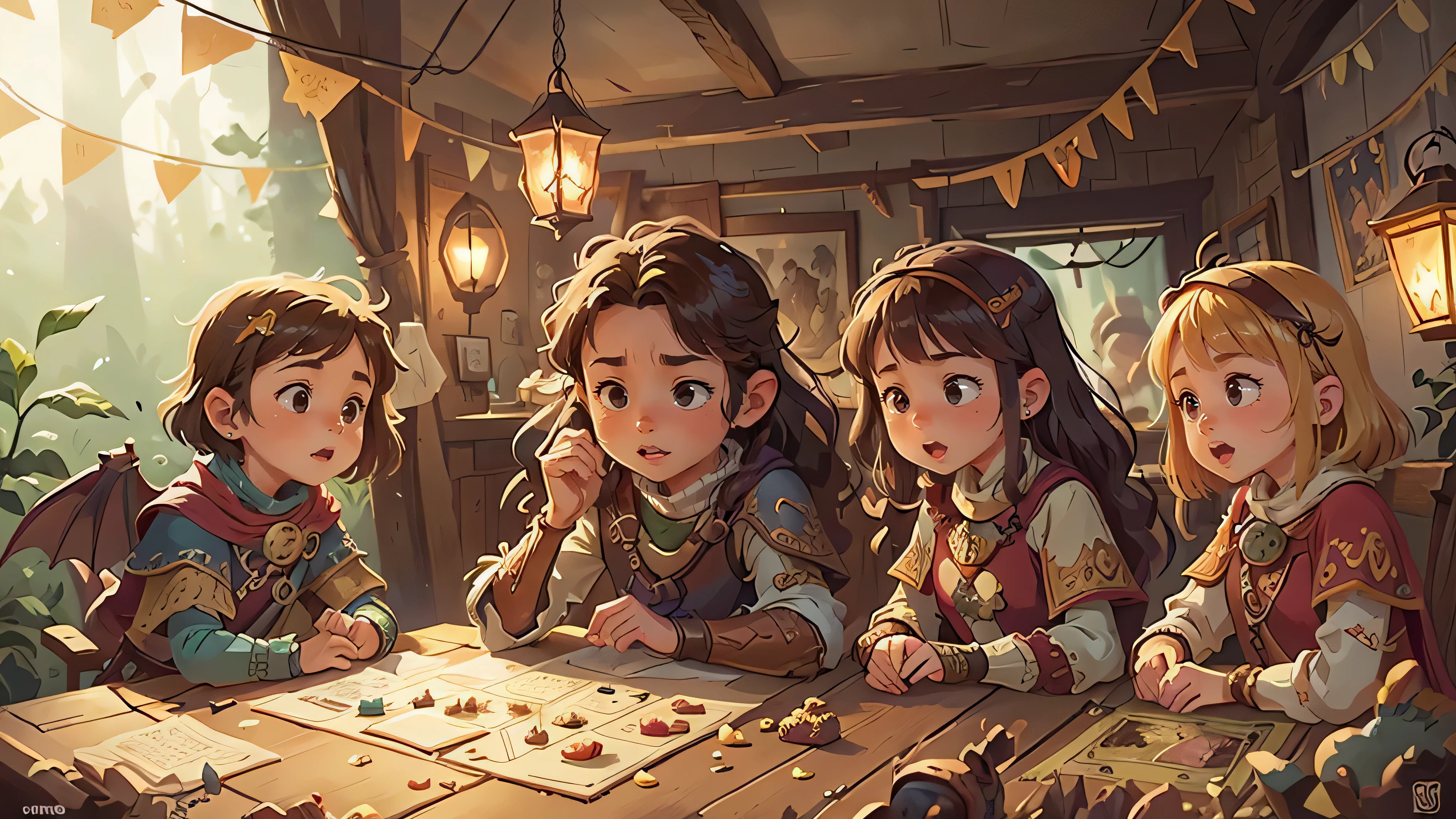 A group of friends playing board games: Dungeons and Dragons, sit at a wooden table covered with game pieces and complex cards, medieval game board. a concentrated expression. The room is dimly lit, with a soft glow coming from a lantern hanging above the table. The pieces of the game are beautifully hand painted with intricate details, featuring dragons, The atmosphere is filled with adventure. The artwork should have the best quality, with ultra-detailed artwork and bright colors. The medium used can be digital illustration or traditional painting. The general style must capture the essence of fantasy and evoke the spirit of Dungeons and Dragons board games.