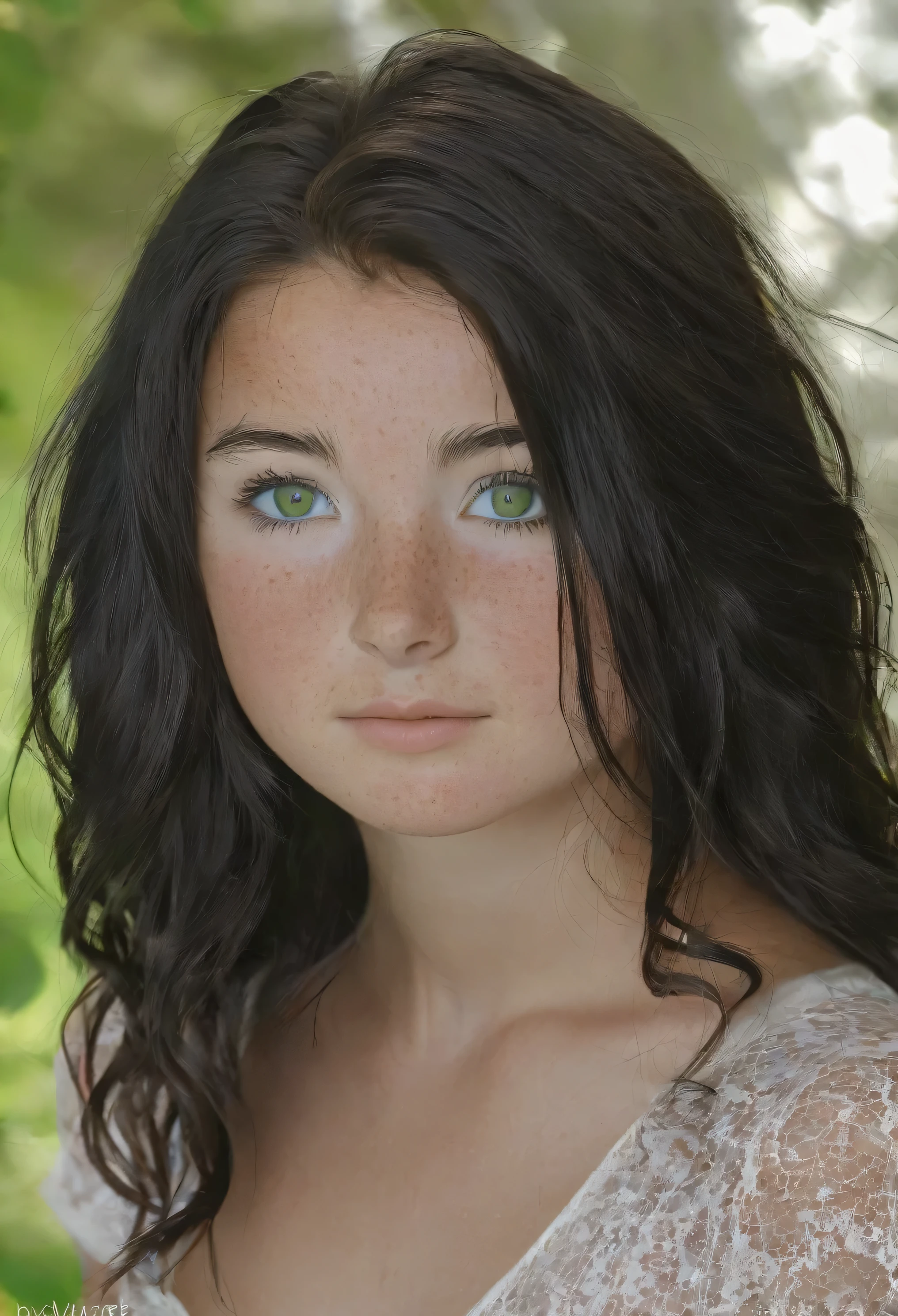 15 year old brunette, very detailed face and body, green eyes, freckles, pircin, black hair, very proactive