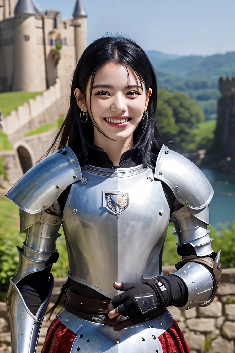 8K、highest quality、female knight、The background is a castle、Luxurious Silver Armor、heavy equipment、black hair、hairstyle shortcut、smile、beautiful teeth、full body photo、ear piercing)), (
