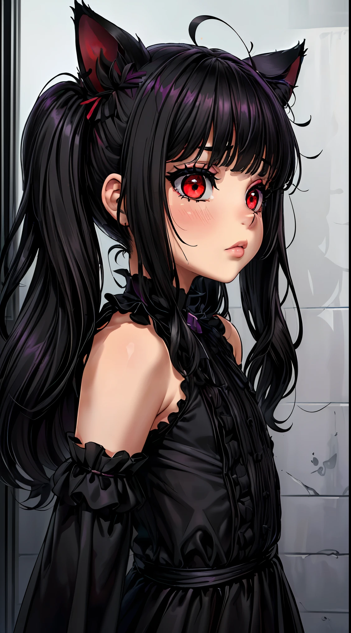 (una chica ,((long hair slightly wavy slightly past the shoulders, black bangs, small black pigtails on the sides, cute cat ears, beautiful thin red eyes)),),(hermosos ojos detallados,hermosos labios detallados,ojos y rostro extremadamente detallados,long eyelashes),(medio: manga),(in a gloomy psychiatric hospital),(ventanas enrejadas, papel pintado que se desvanece, luces parpadeantes),(Mejor calidad,ultra detallado),(dark and creepy atmosphere),(emocionalmente inestable, tormented expression),(Usar una bata blanca para pacientes),(rodeado de otros enfermos mentales),(obsesionante, perturbador),(Sombras siniestras),(manchas de sangre en el suelo),(a feeling of desperation and hopelessness),(Sonido de pasos resonantes),(Reflejo del miedo y la locura),(Realidad surrealista y retorcida),(psychological horror),(Colores muy saturados con un fondo desaturado),(Intense lighting that creates stark contrasts and deep shadows)