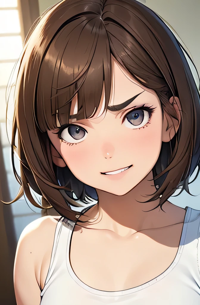 masterpiece, High resolution, High-definition CG Unity 8K,realistic,RAW photo, beautiful detailed face,detailed hair texture, perfect body, beautiful face, Accurate, anatomically correct,symmetrical eyes,grin eyes, displeased, （small breasts）,beautiful clavicle,(troubled eyebrows), (light brown hair), (short hair:1.2), (asymmetrical bangs:1.3),(white tank top)、（Self snap）、