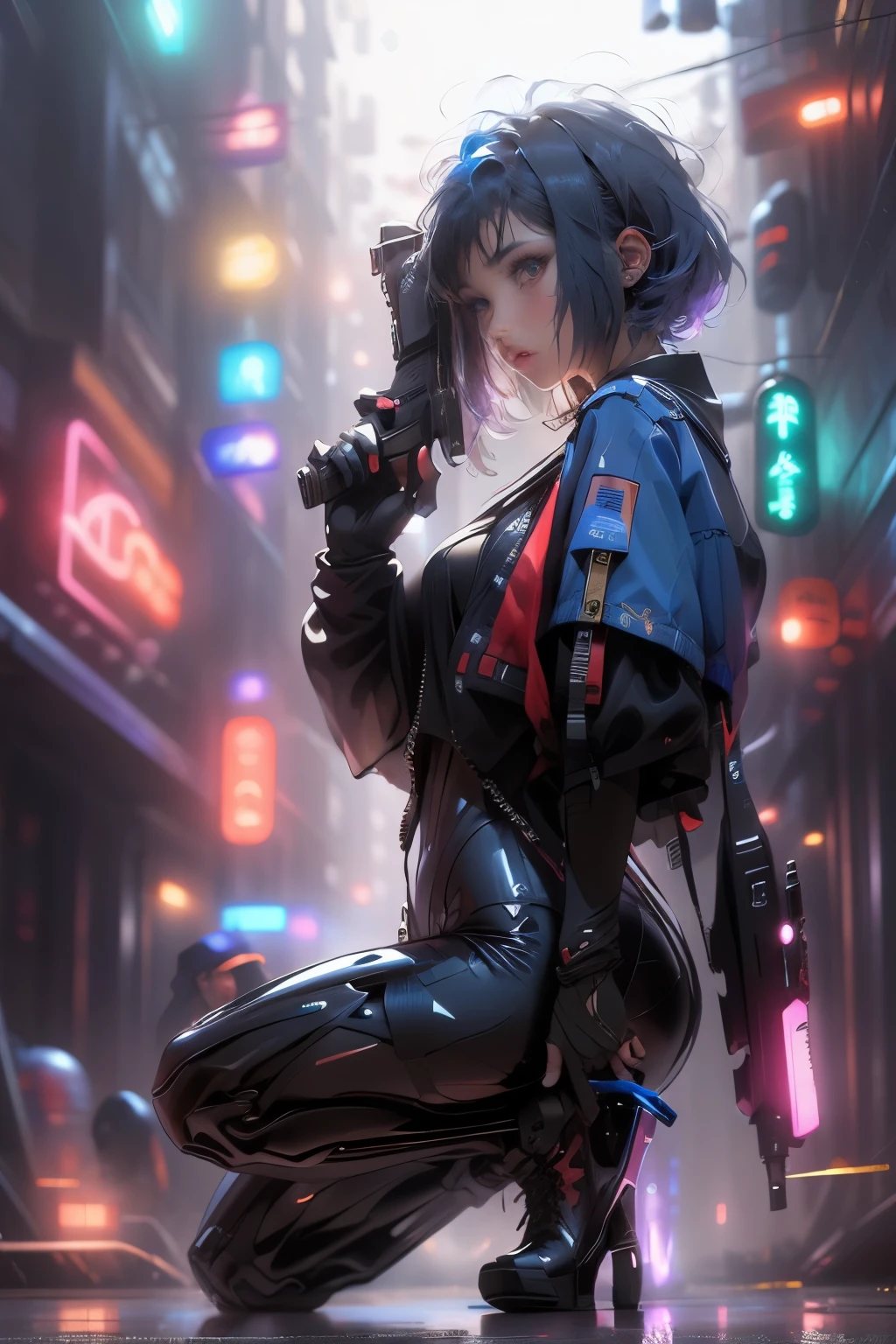 [(white background: 1.5): :5], (masterpiece: 1.2), highest quality, realistic,
cyber world, short blue hair can, Red dress and black purple coat, long pantyhose and boots, pistol, 1 girl, Glowing gun,