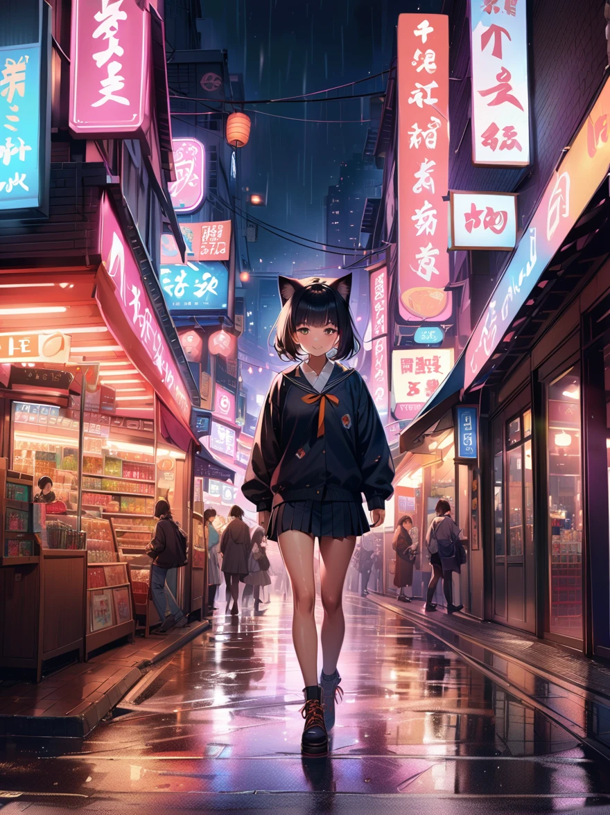 Nekomimi girl, short-haired, walking confidently down the rainy night street in 80's Japan, (photorealistic, high-quality, 4k resolution), (subtle, soft) lighting of a supermarket stage. The scene is a full shot, capturing the entire wet street. She is wearing a traditional school outfit with a short skirt and (neatly tied) shoelaces. (Her small stature of 1.49m) accentuates her cuteness. As she walks, her body becomes a canvas of art with (intricate, detailed) tattoos capturing the essence of Japanese culture. Her long, sleek black hair cascades down her back, reflecting the shimmering raindrops. 

With an alluring figure and generous curves, her confident stride showcases her grace and strength. She exudes an air of mystery and intrigue. Her mesmerizing eyes, (beautifully detailed and expressive), captivate onlookers as they shimmer with a mix of curiosity and determination. Her small, delicate nose and (plump, inviting) lips accentuate her charming face.

Clad in black lace underwear (peeking out from under her short skirt), she adds a touch of contrast to the scene. Her fair, flawless skin glows softly against the darkened surroundings. Her face adorned with elegant white and black makeup, she exudes sophistication and enchantment. 

The artwork should strive for the best quality, with a resolution of 4k or 8k, capturing every intricate detail (to perfection). The photorealistic rendering will bring to life the rain-soaked streets, reflecting the neon lights and nostalgic ambiance of 80's Japan. The colors should be vivid, capturing the vibrant atmosphere of the era. As the soft lighting illuminates the scene, it should evoke a moody, dreamlike feeling, further enhancing the allure and mystery surrounding the nekomimi girl's nocturnal journey.