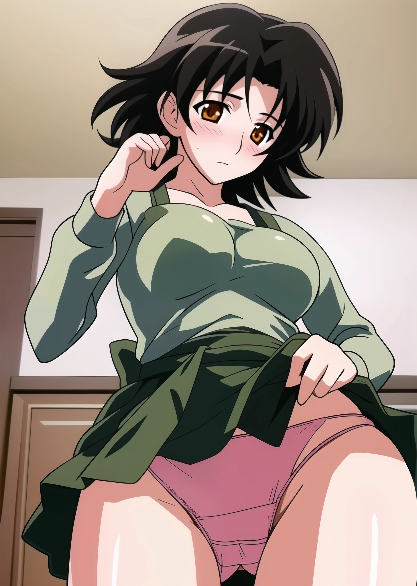 ((masterpiece)), (highest quality), 1 girl, black hair, medium hair, orange eyes, big breasts, olive green t-shirt, long sleeve, apron, brown straight skirt, from below, look down, put your hand on your waist, open your mouth, blush, skirt lift, panties
