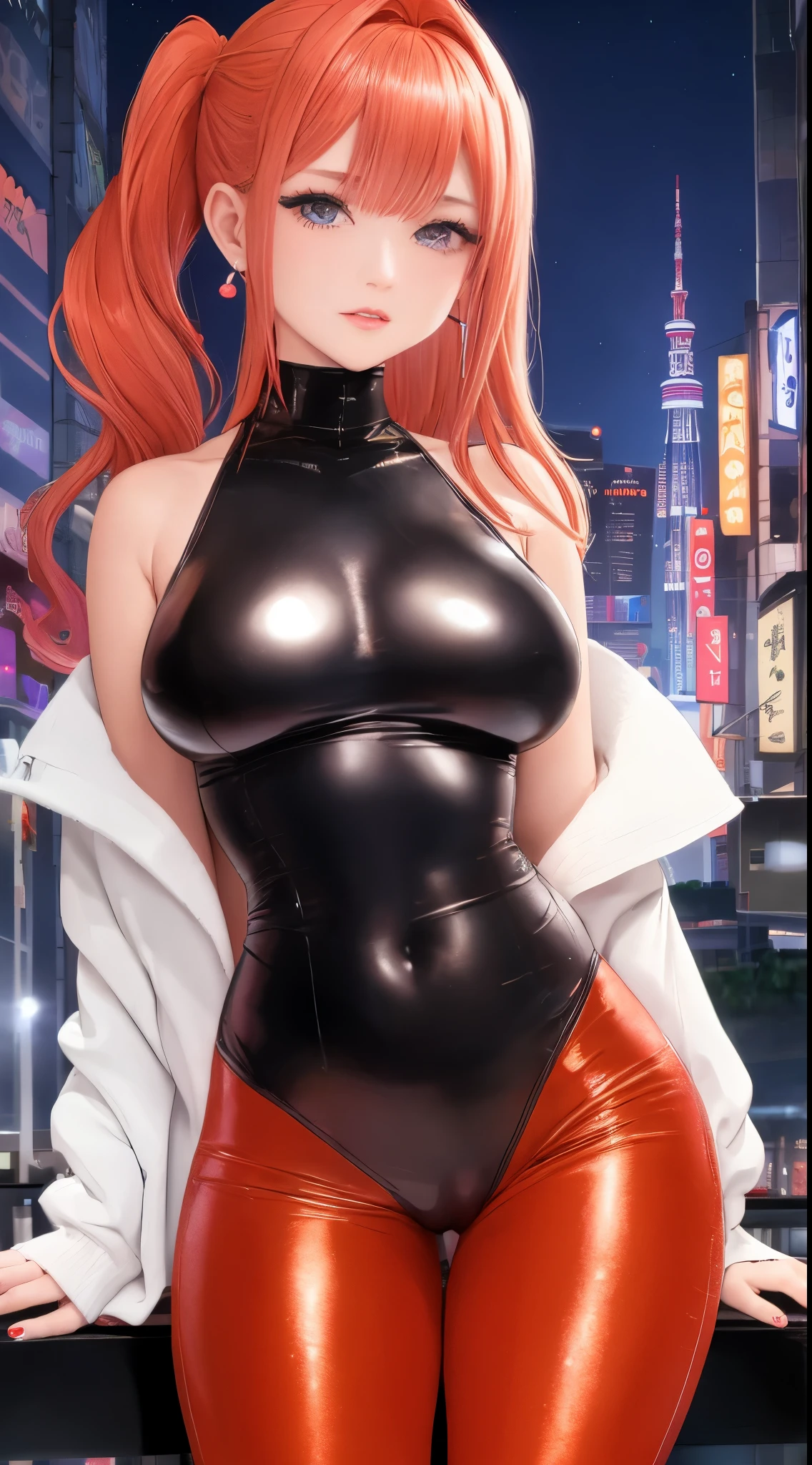 1 girl, (((bimbo))),earrings rings, plump lips, painted lips, thin lips. orange hair, Short ponytails, wide hips, thick thighs, latex tight pants, burst breasts Nightlife, night city, Cyberpunk-city, futuristic cityscape. neon lights, (skyscraper:1.1), tokyo tower, Palm tree, Fabric sign, flat stall, nightclub. Bright lights of the city, Exotic car. alcohol, There is, flat, soup stall ,alcohol bottles,