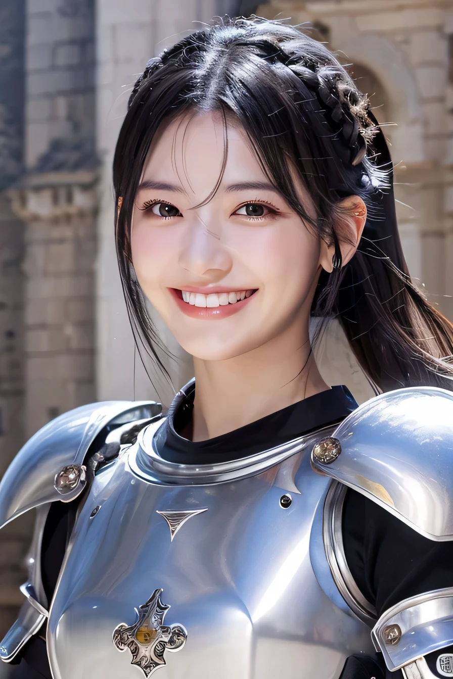 8K、highest quality、female knight、The background is a castle、Luxurious Silver Armor、heavy equipment、black hair、hairstyle shortcut、smile、beautiful teeth、full body photo、ear piercing)), (
