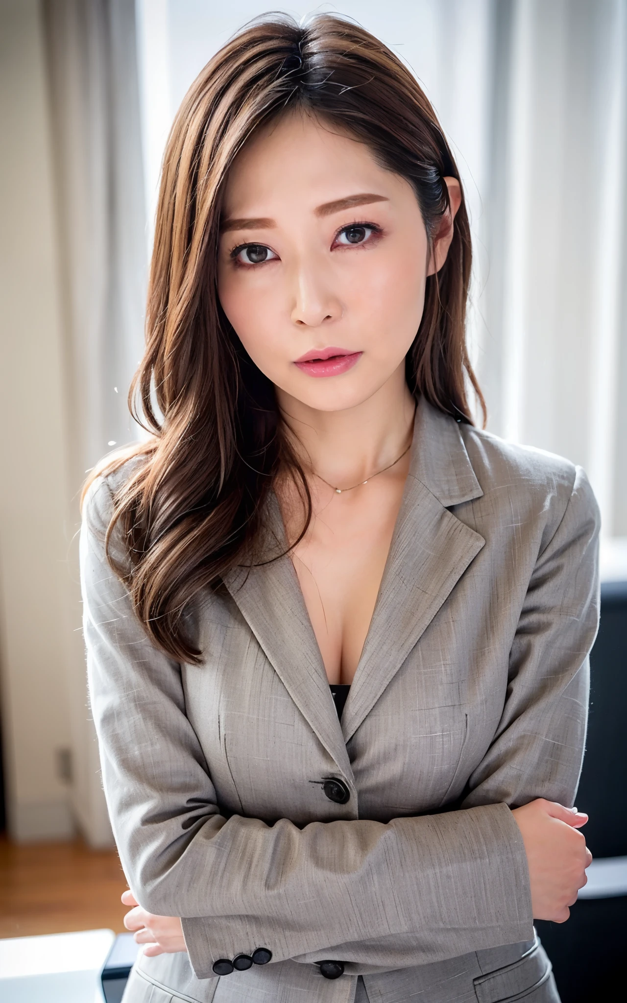 masterpiece,best quality, (1 beautiful milf), sophiscated, ((close up:0.5)), ((cross arms)), glare, gray blazer, white shirts, double eyelid, eyelash, lip gloss, (crying:1.2, bloodshot-eye:1), tears:1, ((close mouth, point to own chest:1)), ((Looking at the Viewer)), RAW, (from above:0.2), ((nobody)), office,