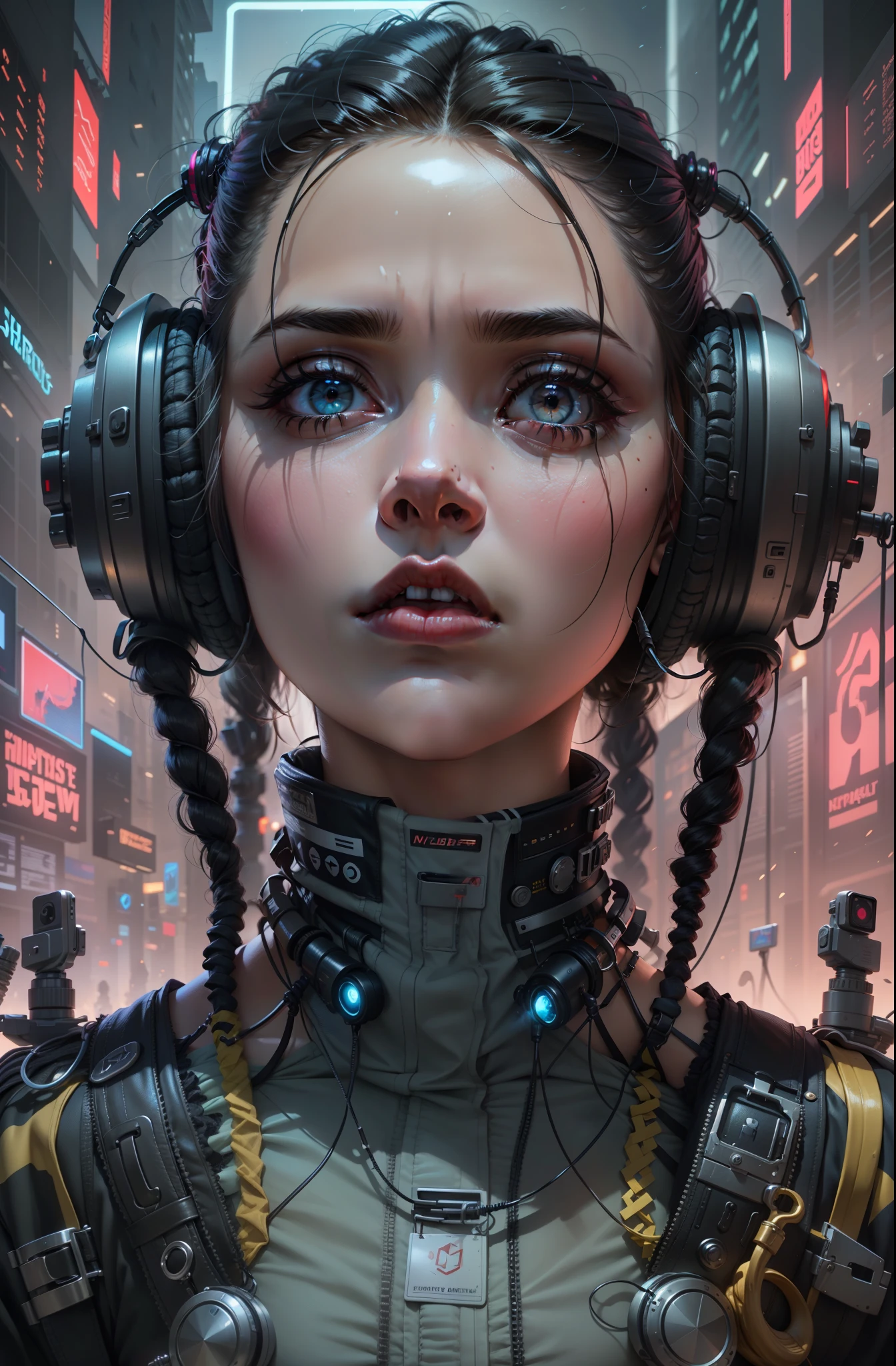 hay una mujer con auriculares parada frente a una ciudad futurista, wojtek fus, cyberpunk dreamy girl, hyper-realistic estilo ciberpunk, arte ciberpunk digital avanzado, el retrato de la chica cyberpunk, muted estilo ciberpunk, ross tran 8 k, retrato ciberpunk, chica hermosa ciberpunk, pintura digital ciberpunk, neo futurista ciberpunk, un cyborg ciberpunk adolescente, estilo ciberpunk ， Hyper realistic