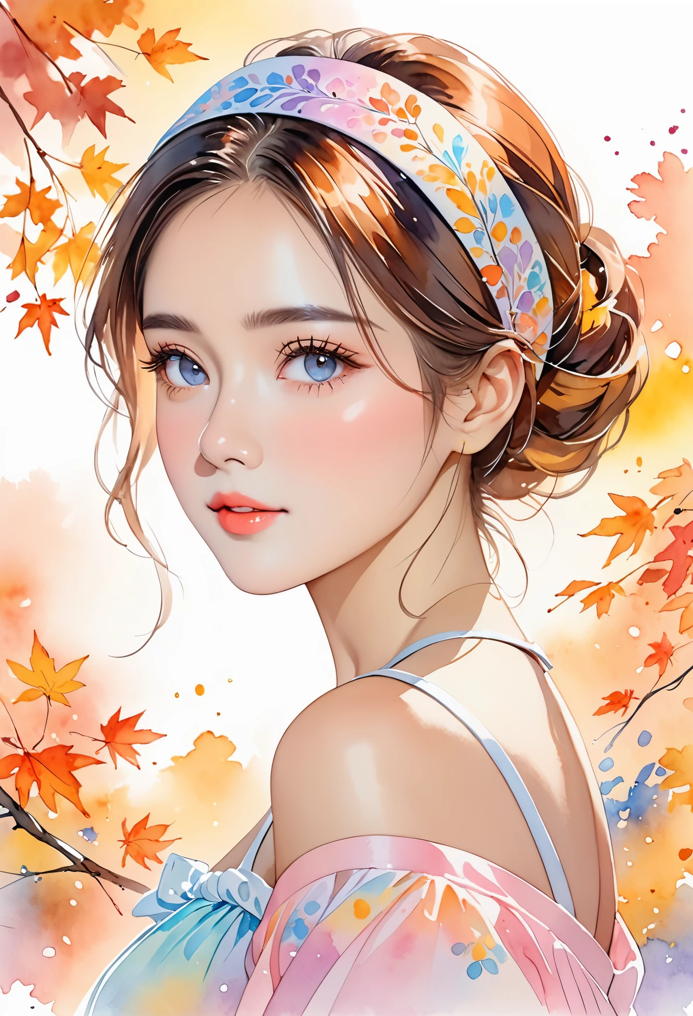 (8K, best quality, masterpiece:1.2),(best quality:1.0), (ultra high definition:1.0), watercolor, a beautiful woman, Shoulder, Headbands, by Agnes Cecil, bust, Extremely luminous and bright design, pastel colors, (ink:1.3), autumn lights,