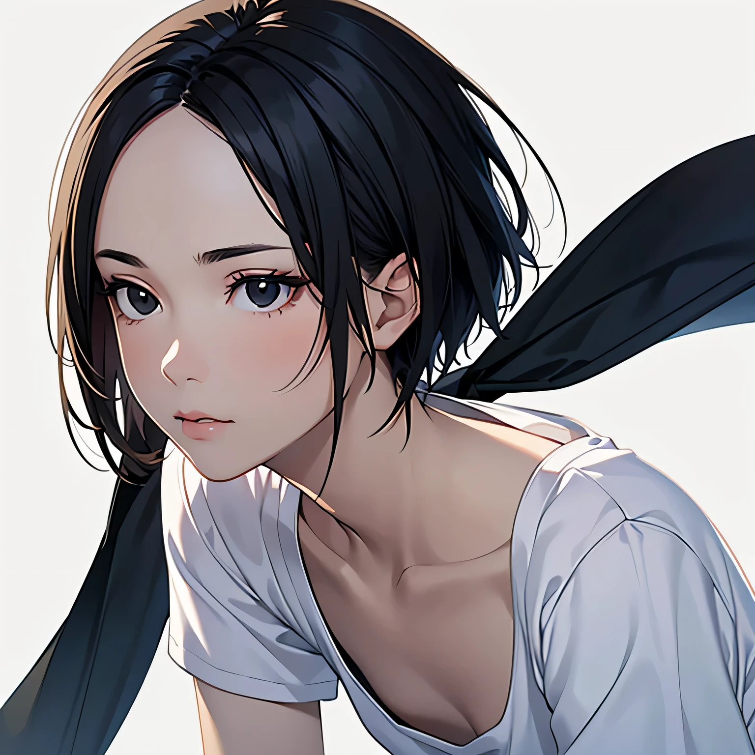 masterpiece, High resolution, High-definition CG Unity 8K,realistic,RAW photo,beautiful detailed face, white skin,(1girl),skinny,flat chest,(black eyes),black hair,(very short hair),(forehead),side undercut,swept bangs,(white V-neck T-shirt),(white background),(nose blush:0.5),(sulky:1),dynamic angle