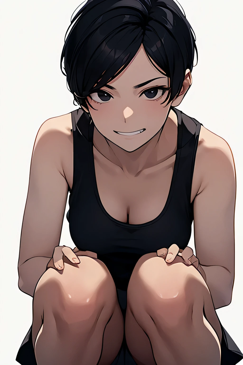 masterpiece,highest quality,Beautiful face and eyes in every detail,skinny、Grinning eyes, dissatisfied、detailed hair texture, black hair,(very short hair:1.5),forehead bangs、squat、(white tank top)、skirt、1girl,(black eyes),(white background)