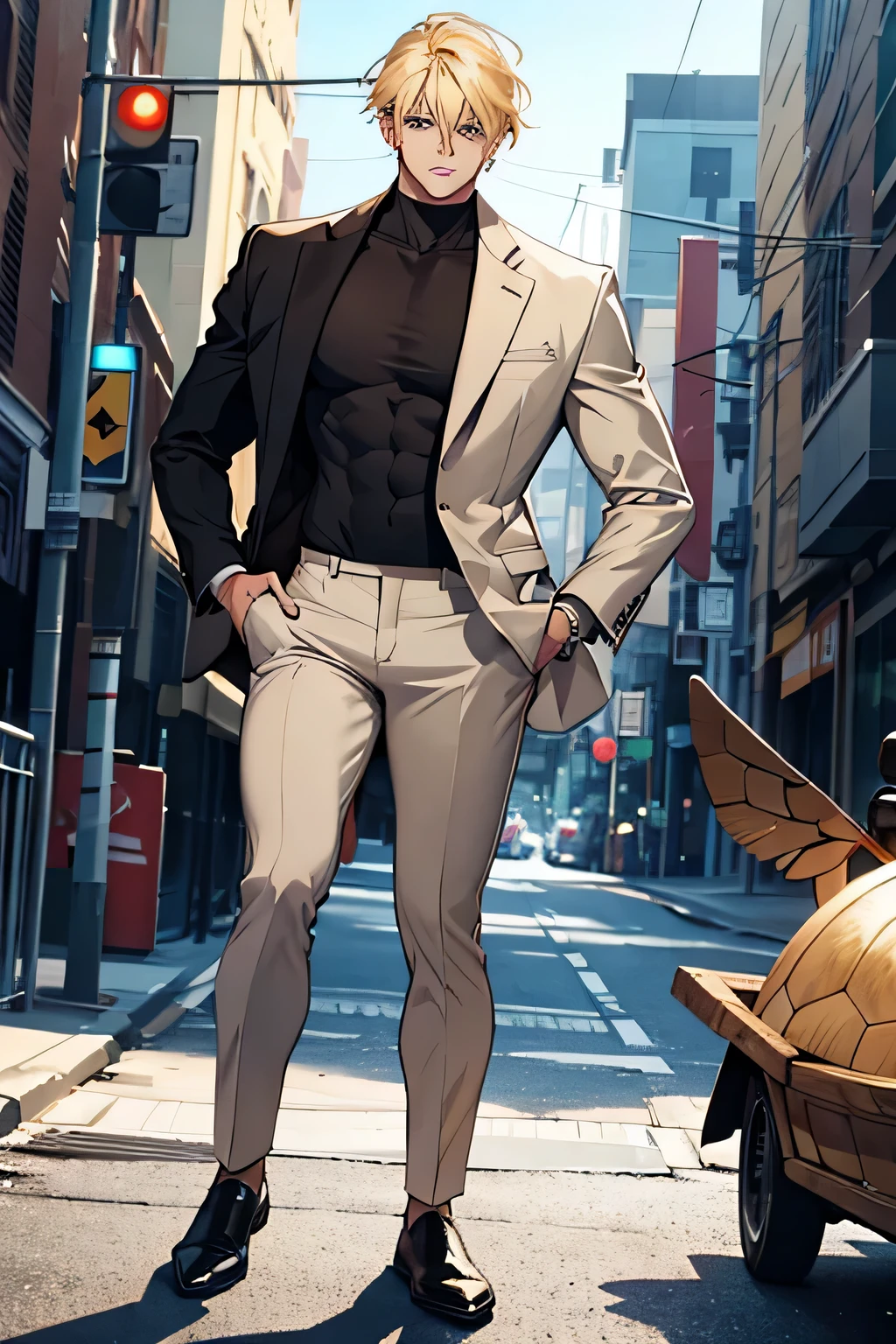 8k, generate a muscle man, blond hair, with suit and turtle neck anime with full body