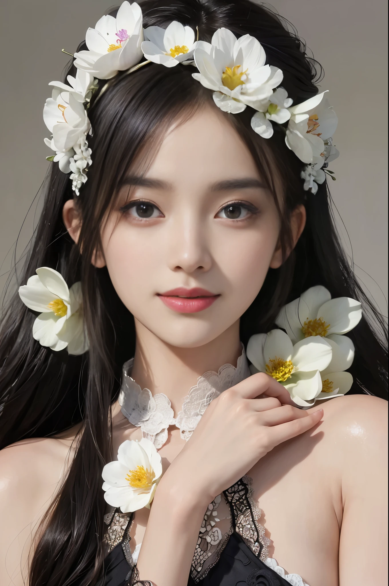 best quality、tmasterpiece、ultra high resolution、actual、1 girl、Glossy skin、((Surreal detailed))、Global photo、8K、Highly complex details、shinning eyes、Black straight hair、highkey、pureerosfaceace_v1、A smile、Elegant pose、White ultra-thin transparent lace、Lots of flowers in the background