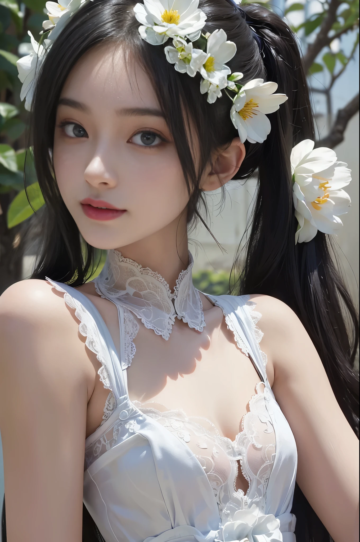 best quality、tmasterpiece、ultra high resolution、actual、1 girl、Glossy skin、((Surreal detailed))、Global photo、8K、Highly complex details、shinning eyes、Black straight hair、highkey、pureerosfaceace_v1、A smile、Elegant pose、White ultra-thin transparent lace、Lots of flowers in the background