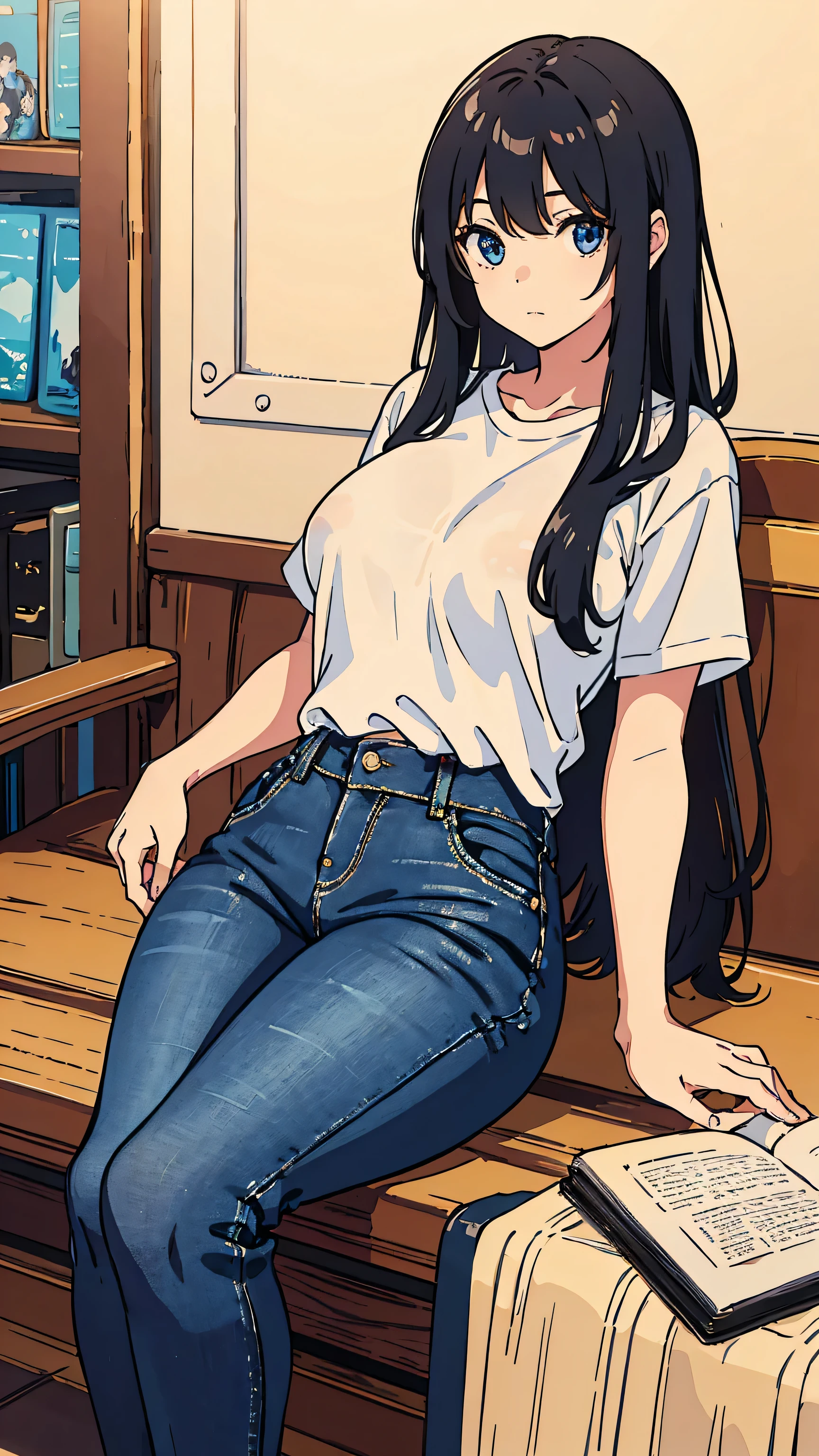 1 girl,alone,highest quality, masterpiece, 8K, very detailed,,sitting, looking at the viewer,jeans,white t-shirt,long hair,black hair,,big ass,NSFW,penis