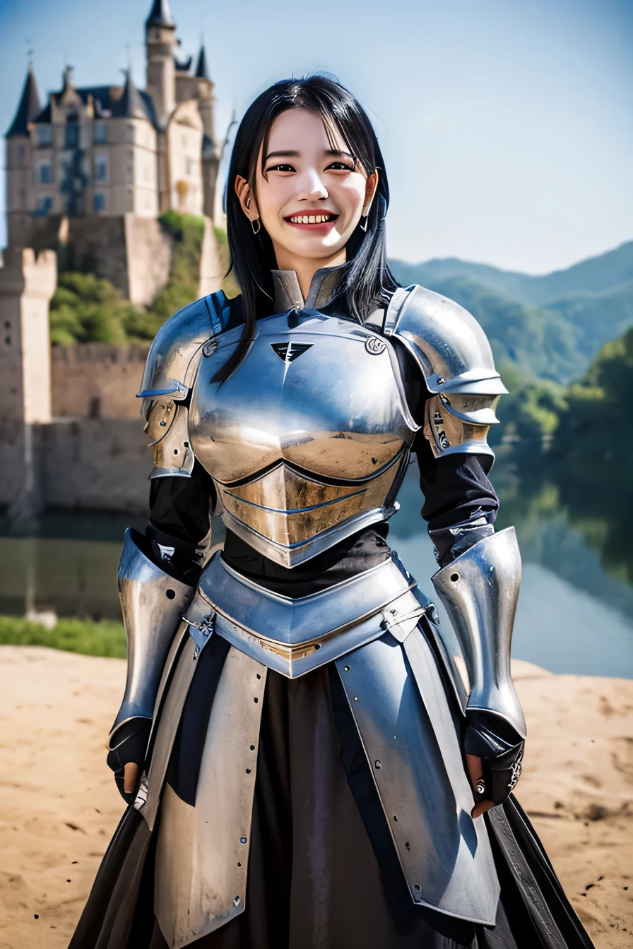 ８Ｋ、highest quality、female knight、The background is a castle、Luxurious Silver Armor、heavy equipment、black hair、hairstyle shortcut、smile、beautiful teeth、full body photo、ear piercing)), (